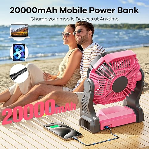 Miniatura 7 de Ventilador de camping portátil con batería de 20000 mAh, con luz LED, funciona con batería silenciosa, equipo de campamento para viajes, tienda de