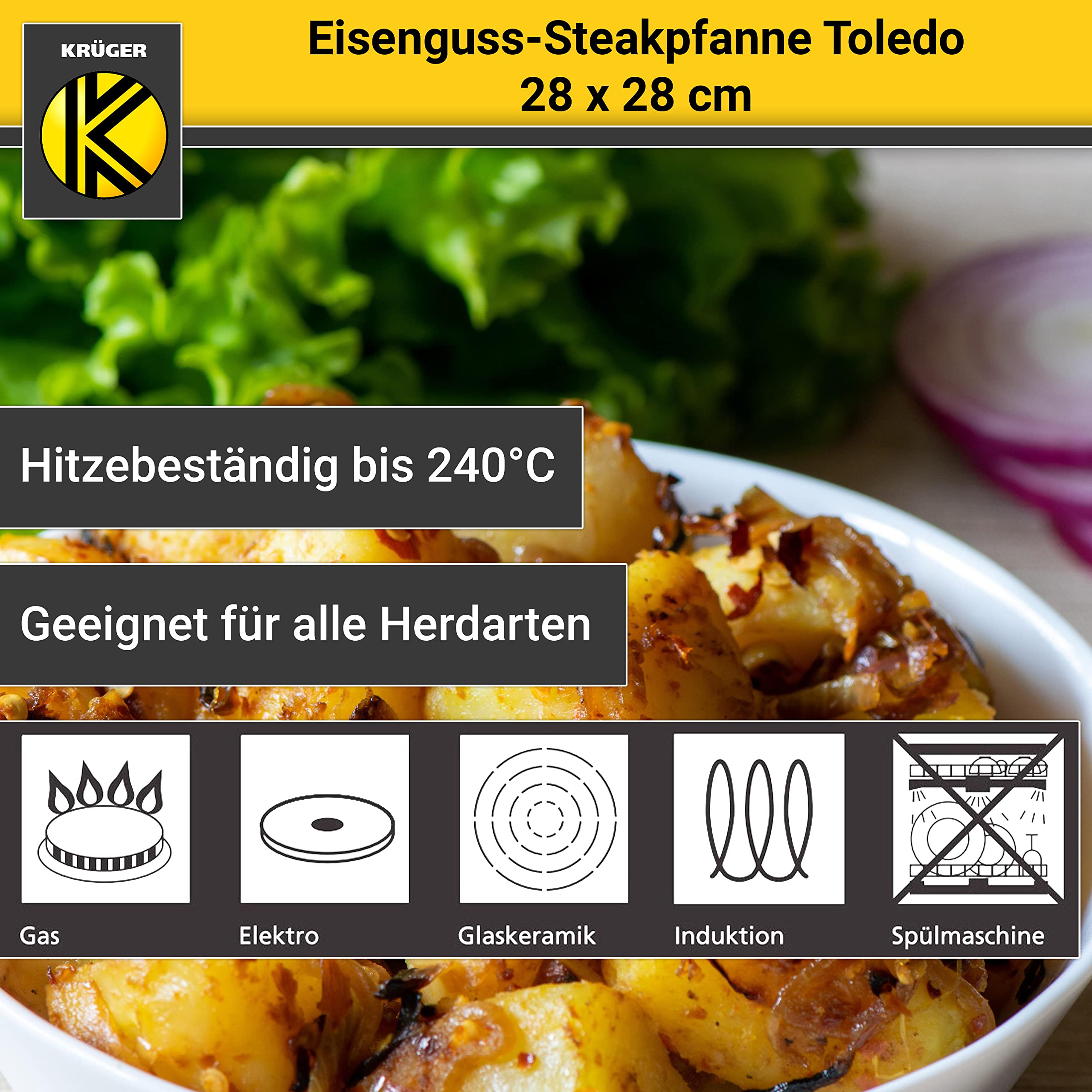 Krüger Gusseisen Steakpfanne Toledo 28x28 cm Rillenboden | Induktion