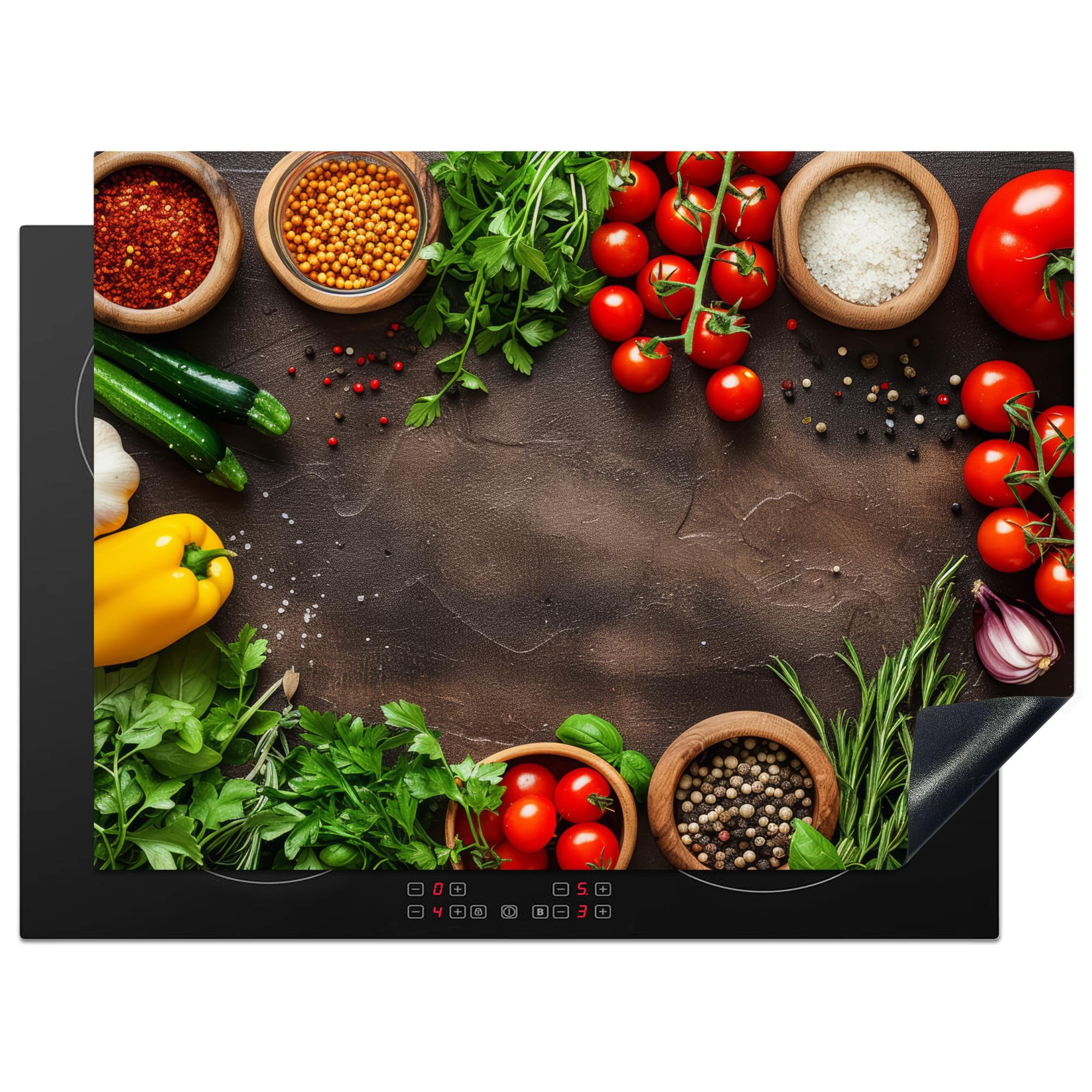 KitchenYeah© Induction Hob Protector Mat 20.5"x28" / 71x52 cm Cooker Top Protectors Cover Ceramic Covers Electric Hobs Vinyl Vegetables - Tomatoes - Concrete - Herbs