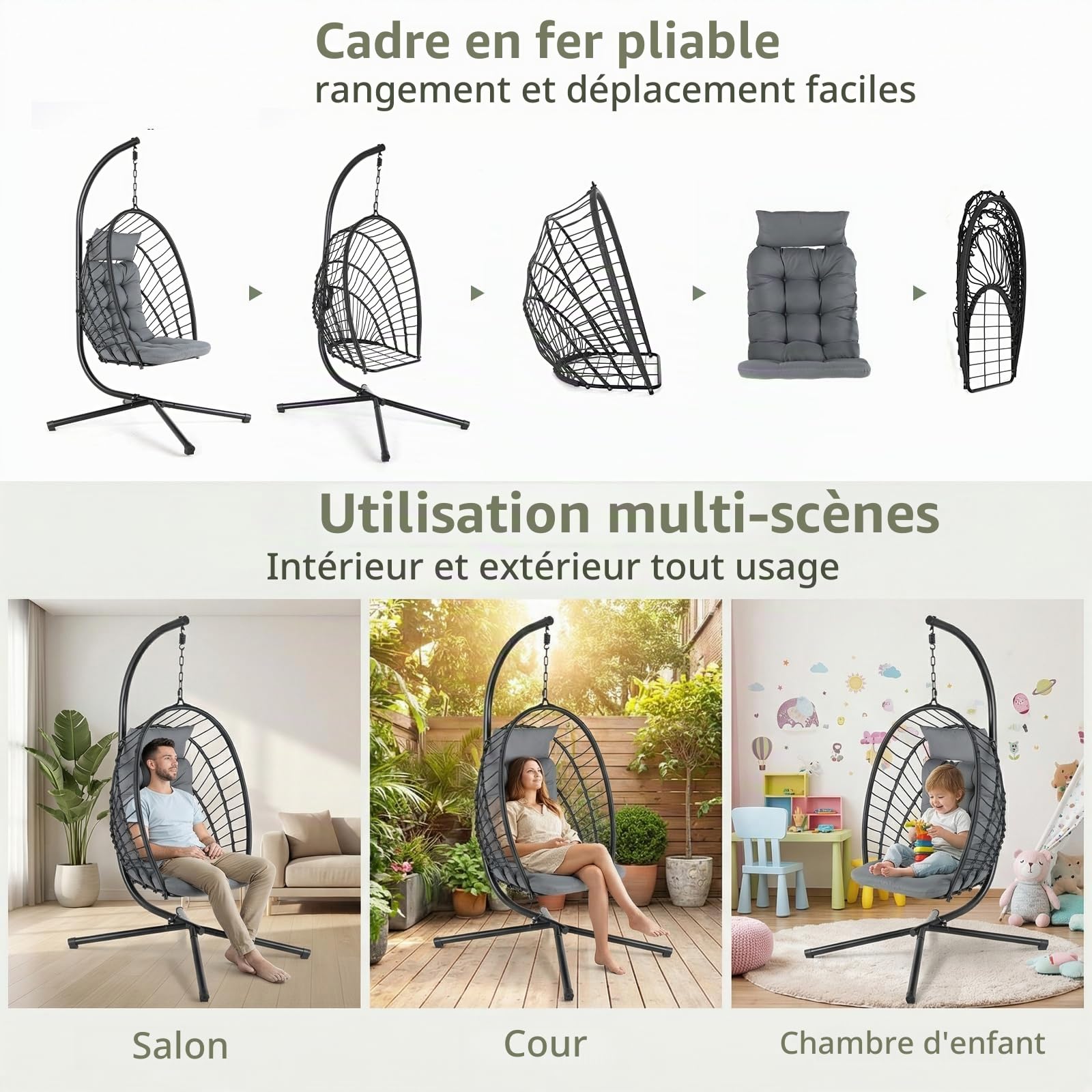 LIFERUN Fauteuil suspendu avec cadre - Pliable - Avec coussin - Pour l'intérieur et l'extérieur - Balançoire pour adultes et enfants - Pour jardin, terrasse, balcon, salon - Charge maximale : 160 kg