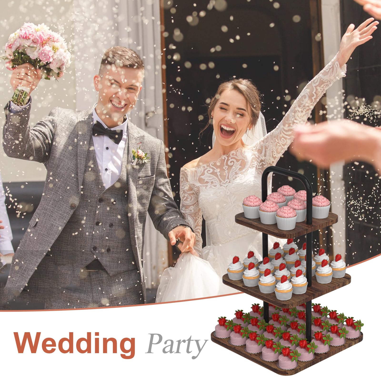 VyGrow Alzata per torte a 3 livelli, in legno, per compleanno, bar, matrimoni, feste, espositore quadrato
