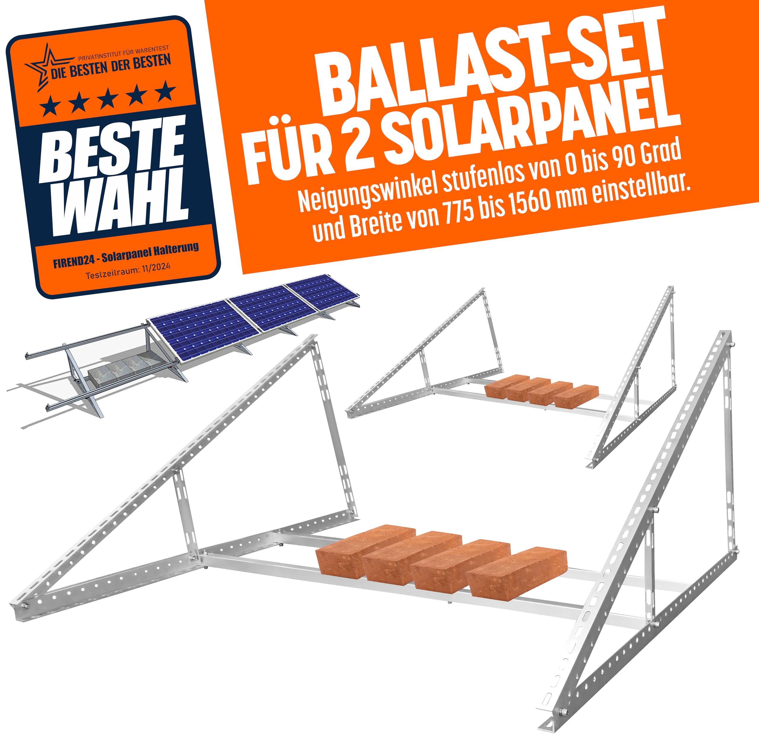 Dreieckiges Ballast-Set für 2 Solarpanel-Montage 1180mm Solarmodul Aufständerung, Vollständig einstellbar!