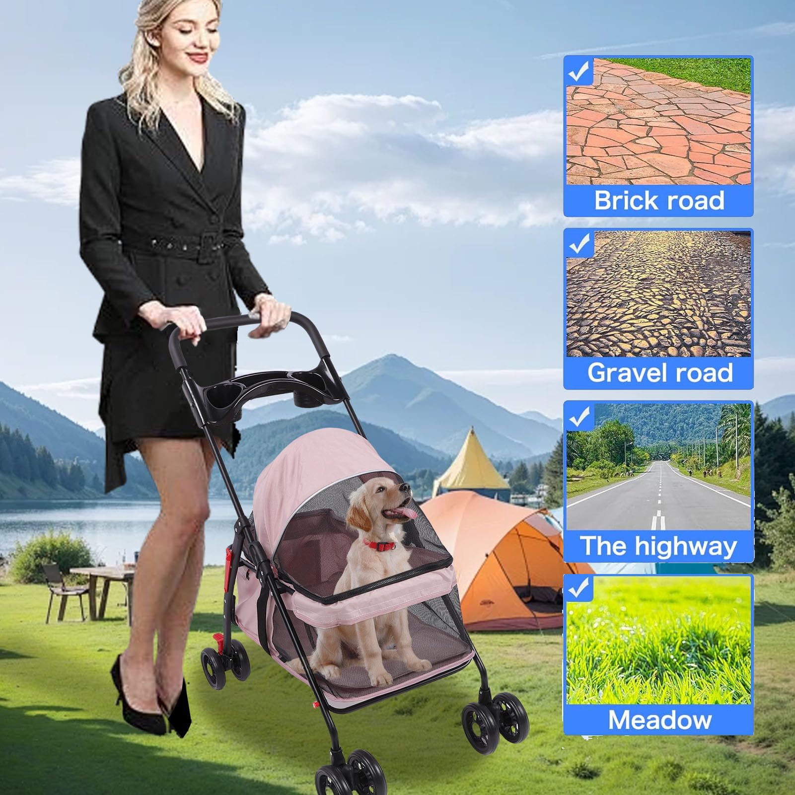 Carrito para Perros de 4 Ruedas, Joggador Plegable con Cubierta Solar, Portavasos, Almohadilla y Bolsa Trasera, Malla Transpirable