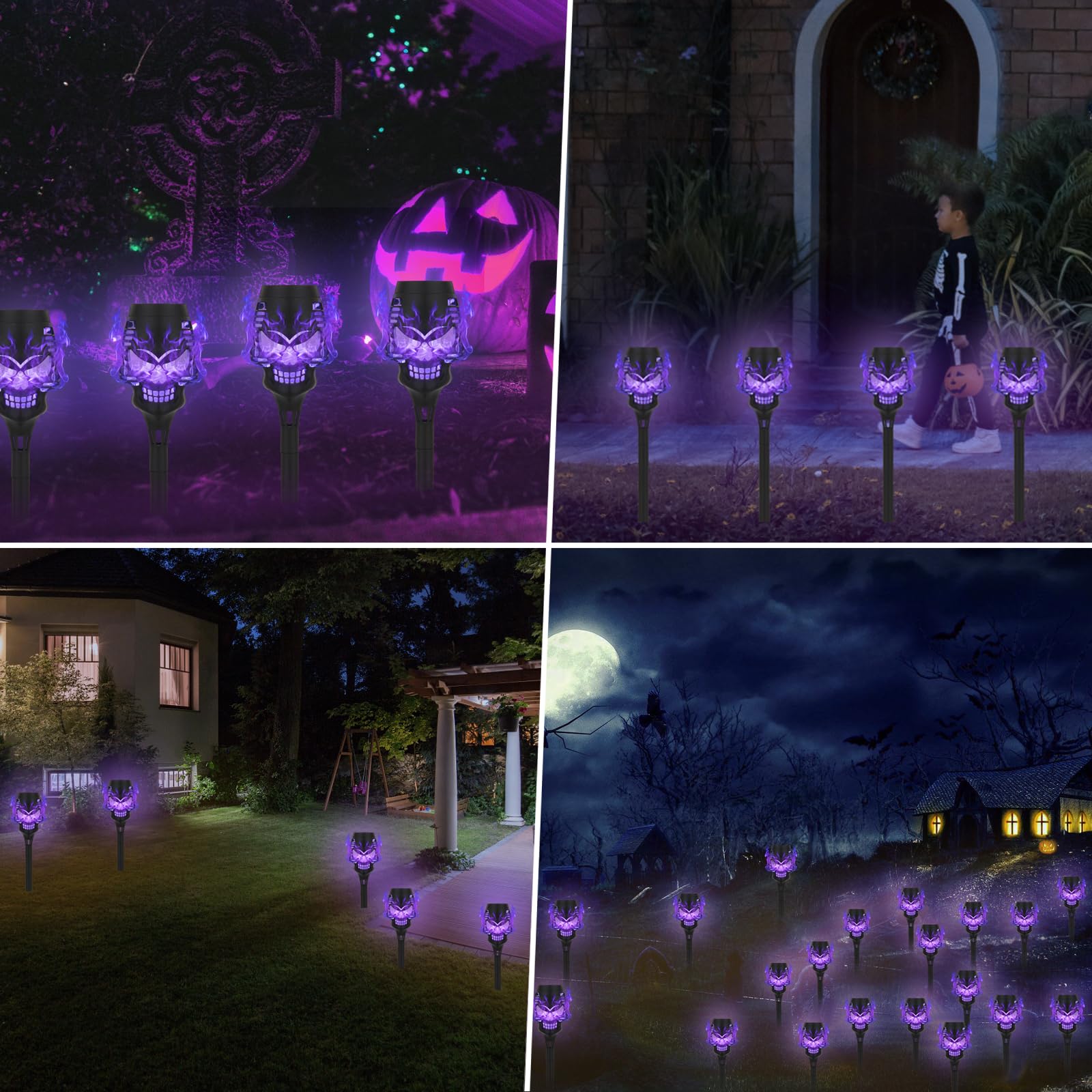 Solar Halloween Dekorationen Outdoor, 8 Pack Gruselige Totenköpfe Solar Fackel Flamme Lichter, Wasserdicht Weg Halloween Lichter für Garten, Hof, Rasen, Veranda, Landschaft Dekor, Lila