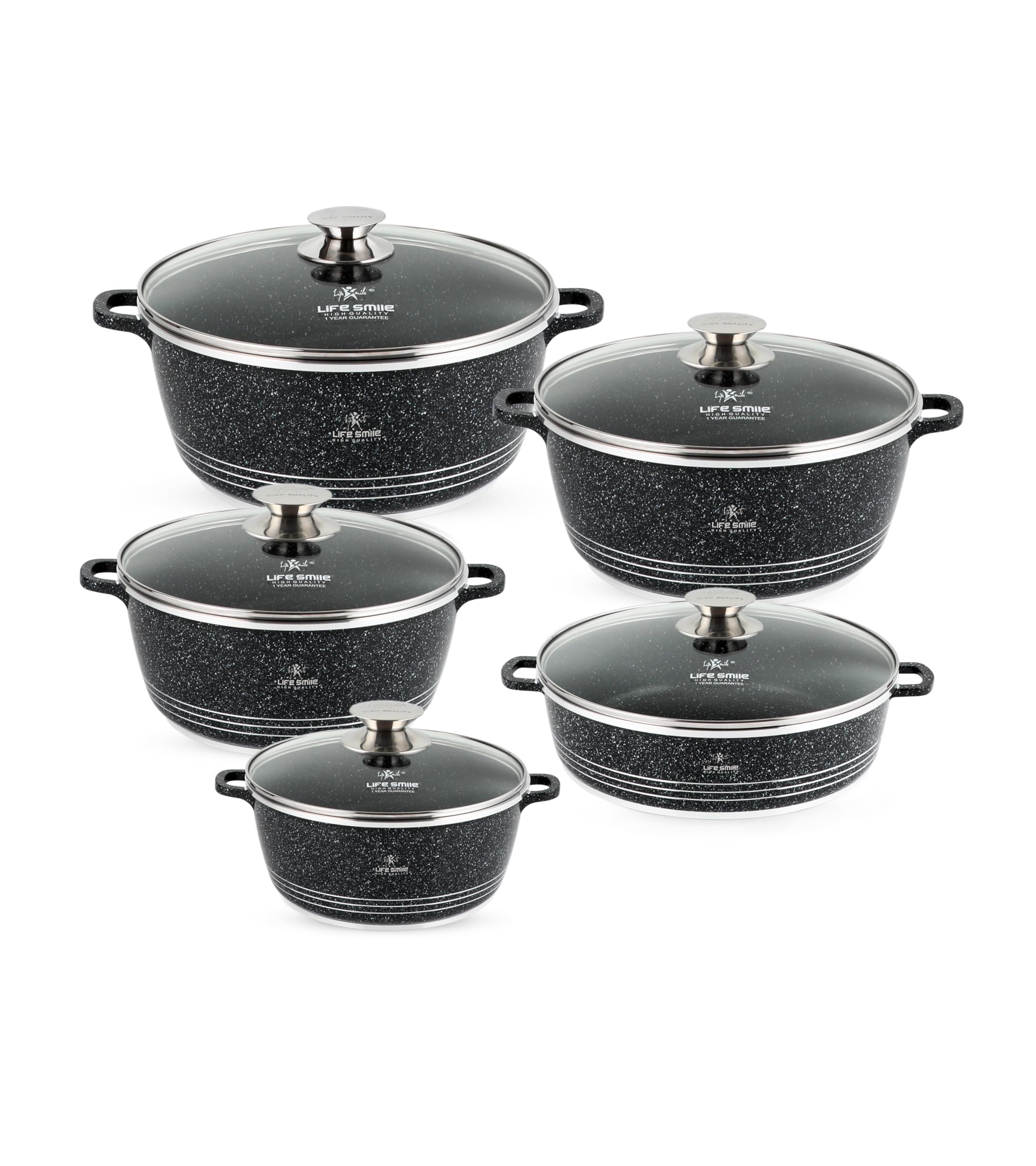 LIFE SMILE Cookware Set Granite Stone - Pots and Pans set Multi Layer Granite Non Stick Coating Cookware Sets 100% PFOA FREE, Oven Safe Cooking Sets (Black, 10 Pieces)