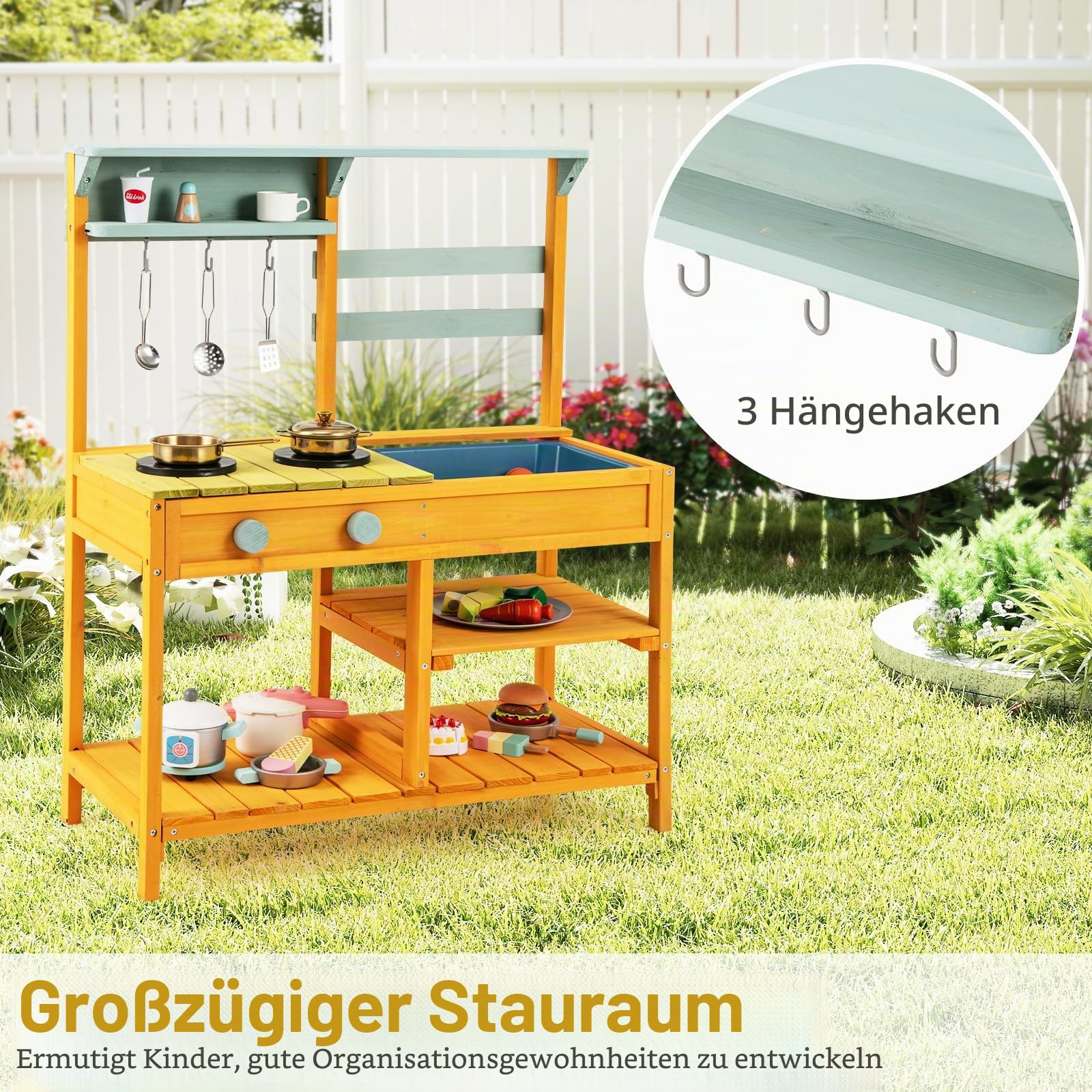 HOMASIS Matschküche Kinder Outdoor, Kinderküche mit Waschbecken Spüle Herd, Spielküche Holz, Spielzeugküche mit 3 Haken & Regalen, Holzküche Gartenküche für Kinder ab 3 Jahren (Gelb)