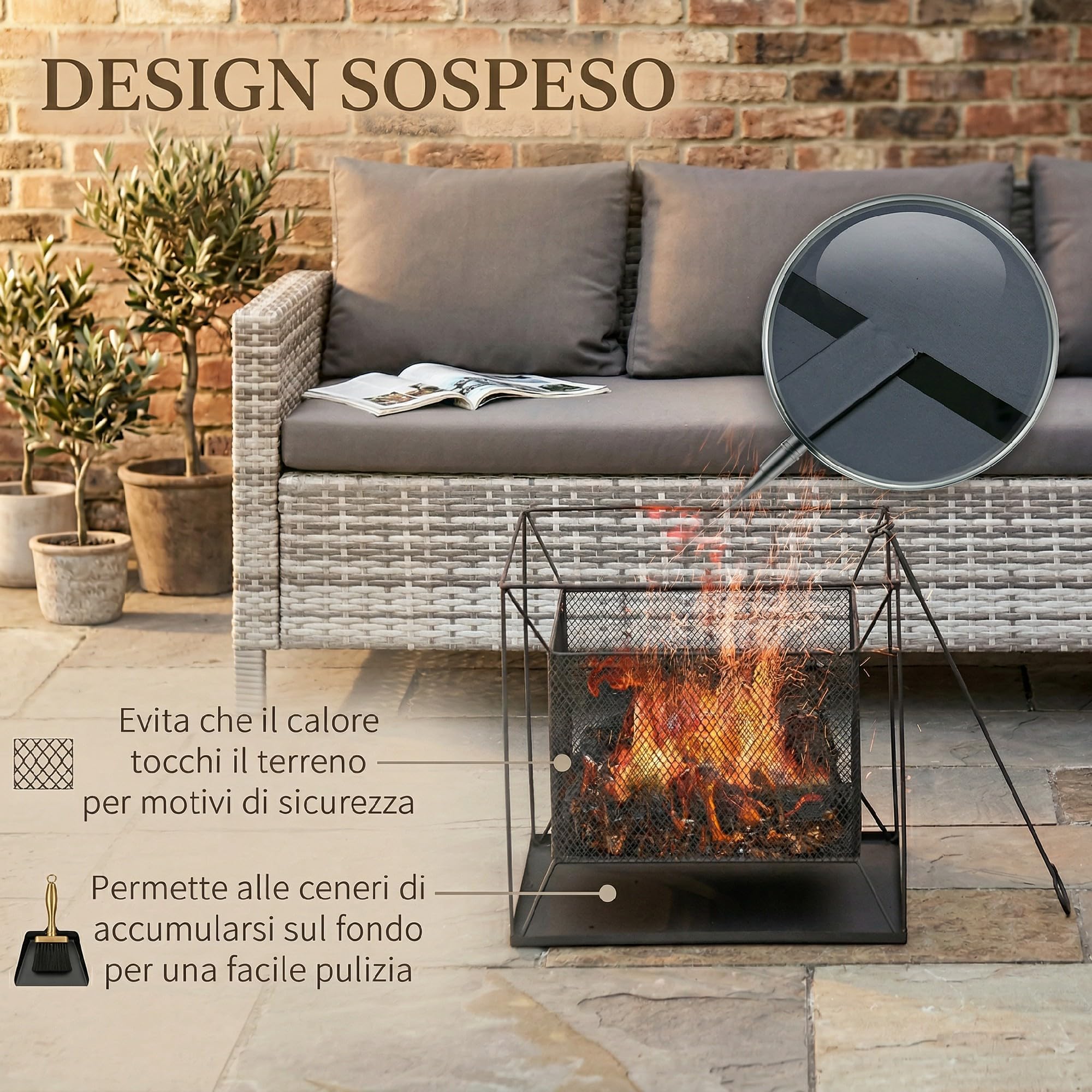 Outsunny Braciere da Giardino in Metallo Portatile, Braciere da Esterno con Design Sospeso e Attizzatoio, 45x45x43cm, Nero