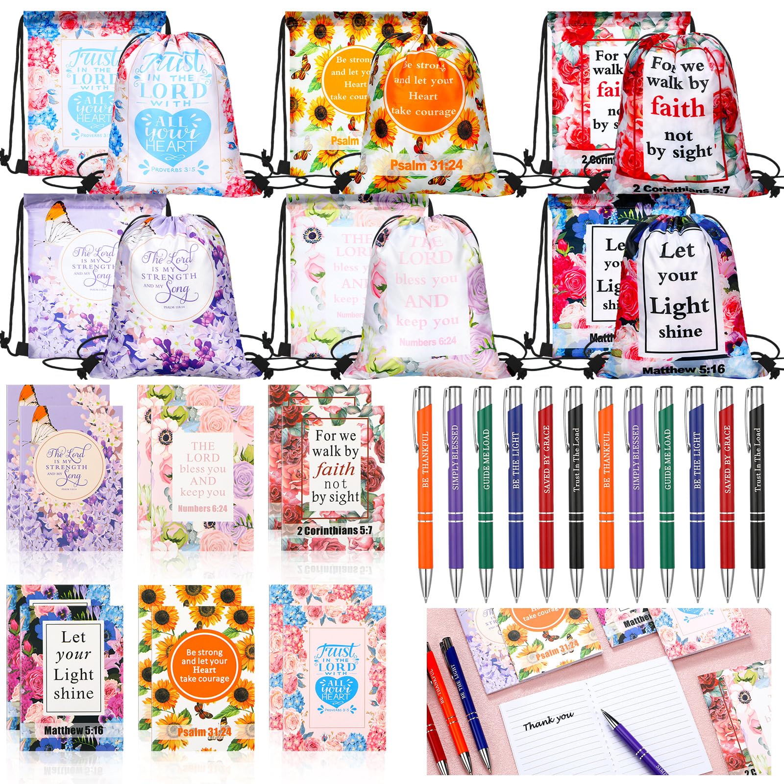 Gueevin 86 Pcs Christian Bulk Gifts for Women Bible Verse Drawstring Gift Bags and Bible Verse Pens Notebooks Inspirational Quotes Christian Pens for