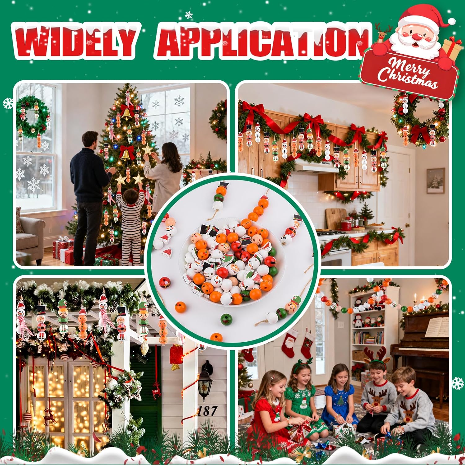 160Pcs DIY Christmas Wood Beads with Snowman Wooden Bead Twine Xmas Santa Gingerbread Man Round Beads for Crafts DIY Christmas Winter Party Supplies Decor Ornaments - Image 4