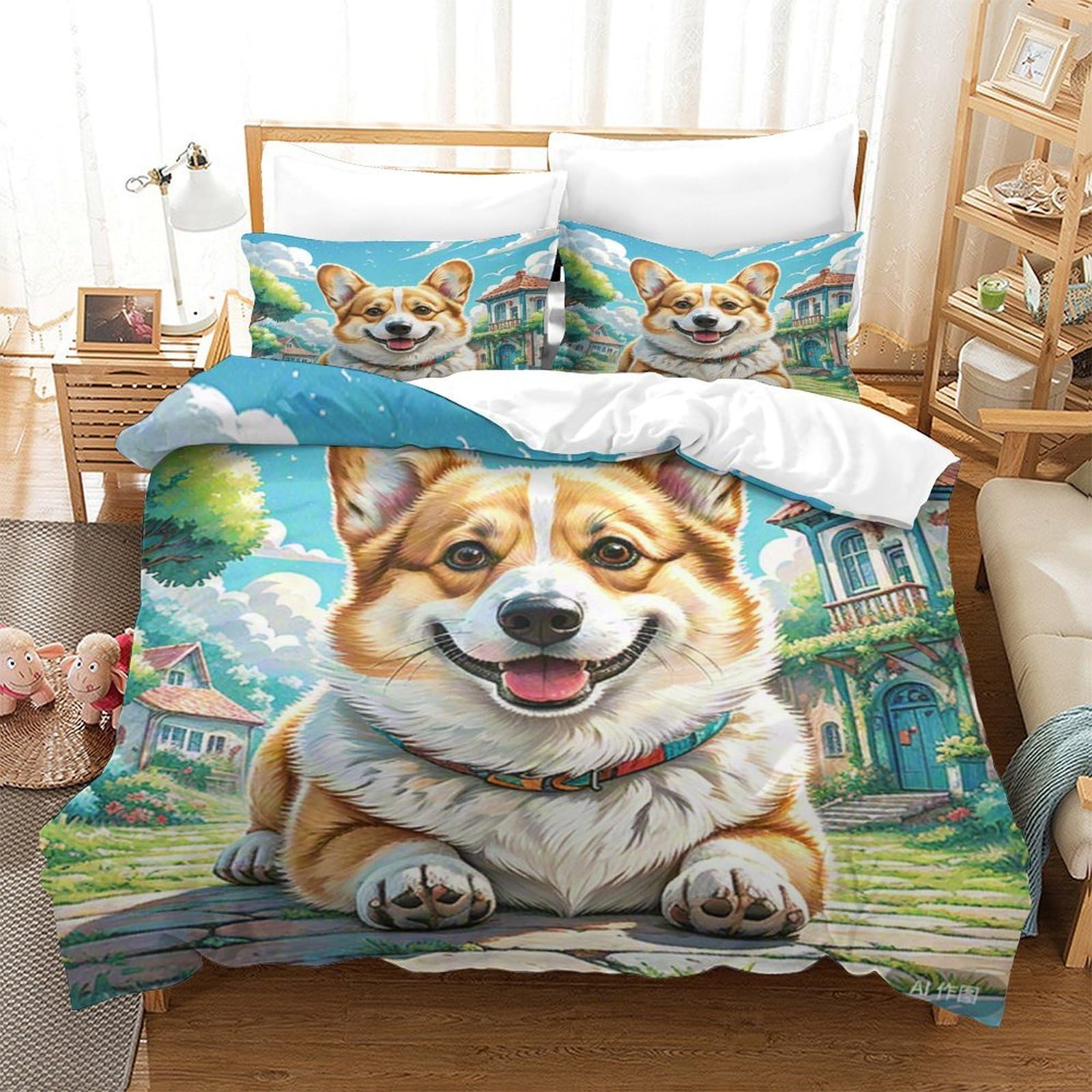 Parure de lit Corgi 3D housse de couette microfibre 260x220 taie d'oreiller fermeture éclair