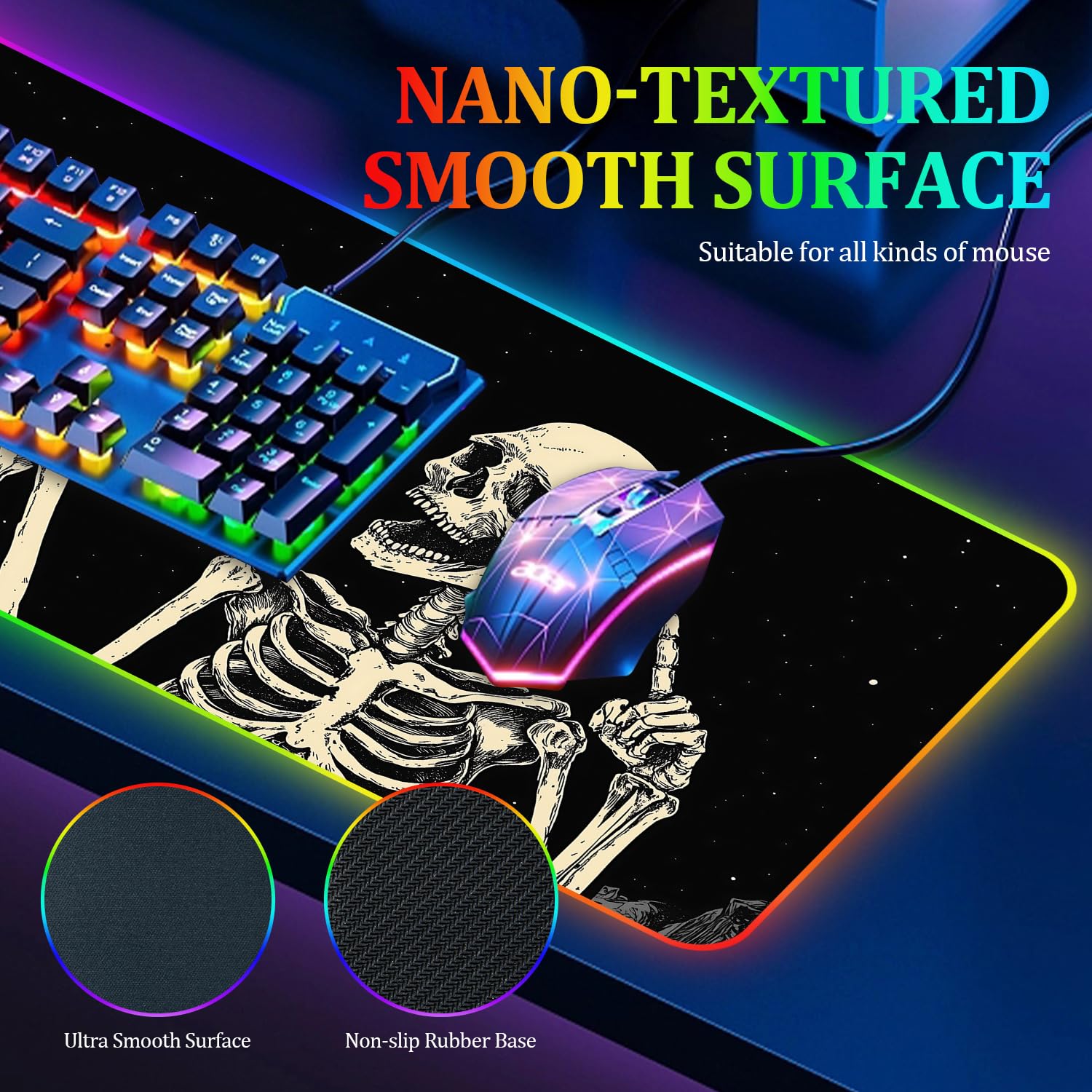 Tappetino per mouse da gioco RGB XL 89,9 x 40,6 cm, con teschio scheletrato, tappetino per mouse da gioco LED, antiscivolo, grande tappetino da scrivania per configurazione dei giocatori