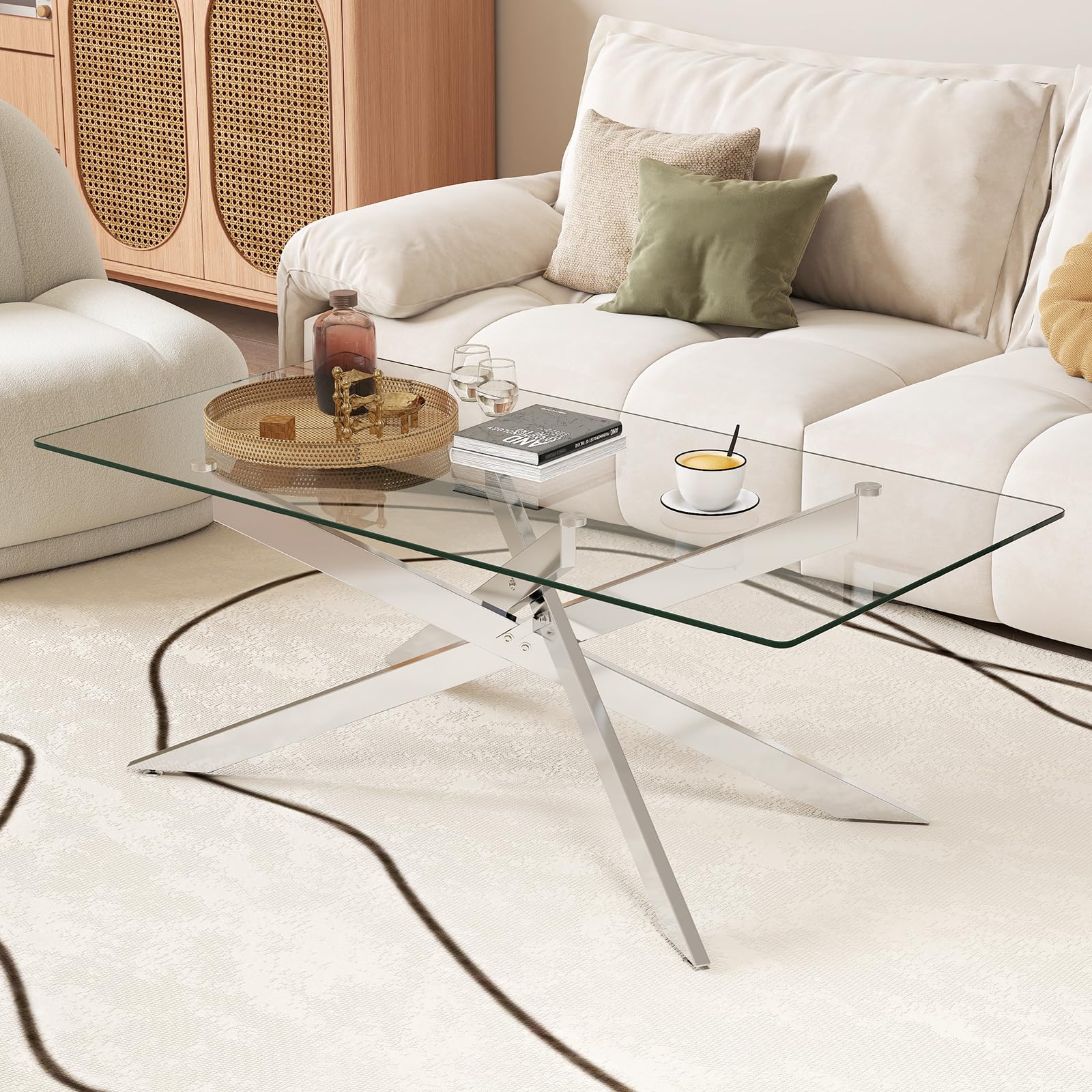 COSTWAY Tavolo da Caffè, Tavolino Salotto in Vetro Temperato con Gambe Incrociate in Metallo Placcato e Piedini Regolabili Antiscivolo, per Soggiorno e Ingresso, 120 x 60 x 45,5 cm (Argento)