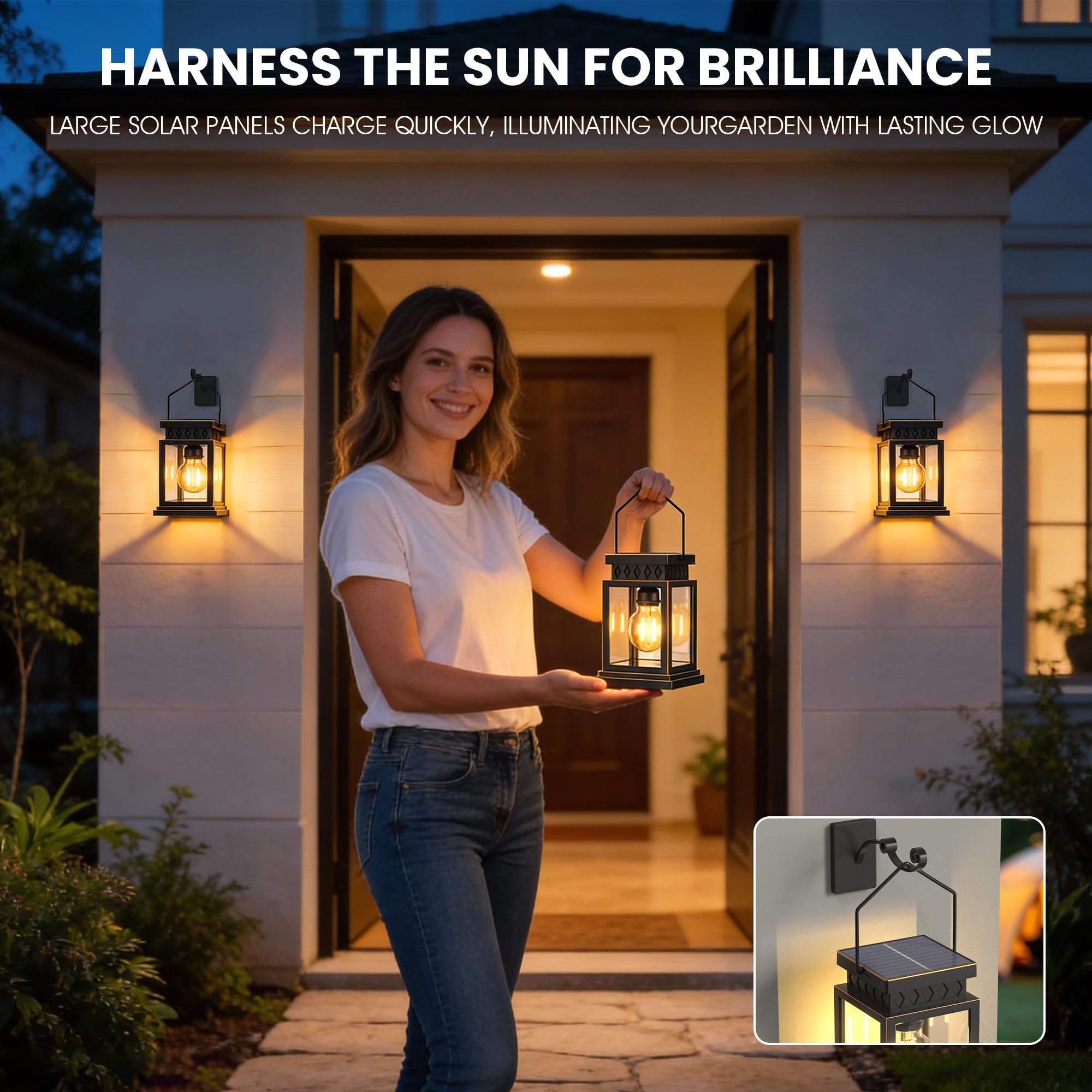 Paquete de 2 linternas solares de granja, bombilla solar de cristal, impermeable para exteriores y 2 pilas AA, para porche exterior, patio y mesas de interior, repisa.