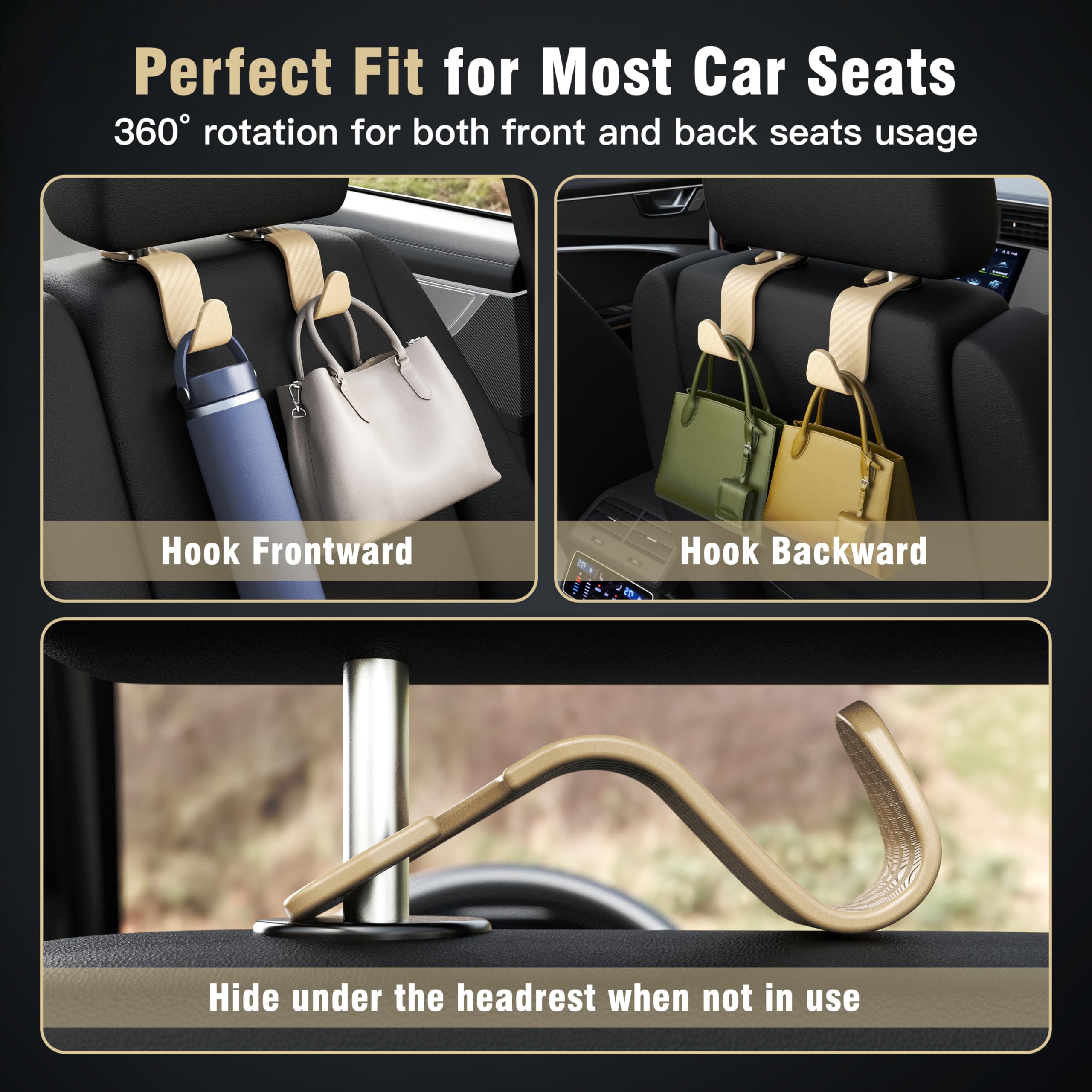 4-Pack Car Headrest Hooks Holds 55lbs Seat Storage Organizer for Bags view 5
