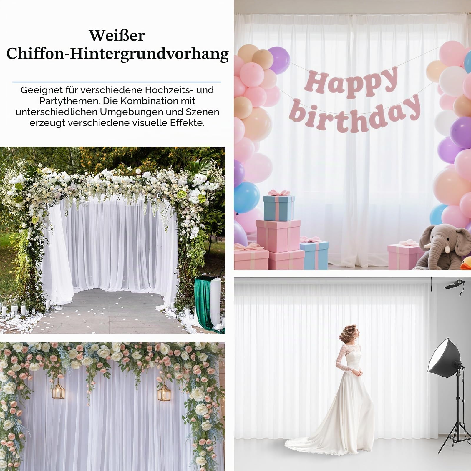 EMART Weißer Hintergrund Vorhänge, 3X3m Tüll Chiffon Stoff Drape für Parteien Hochzeit Bühne Dekoration, Weiche Glatte Tuch für Baby Dusche Fotografie Geburtstag Foto Fotoshooting