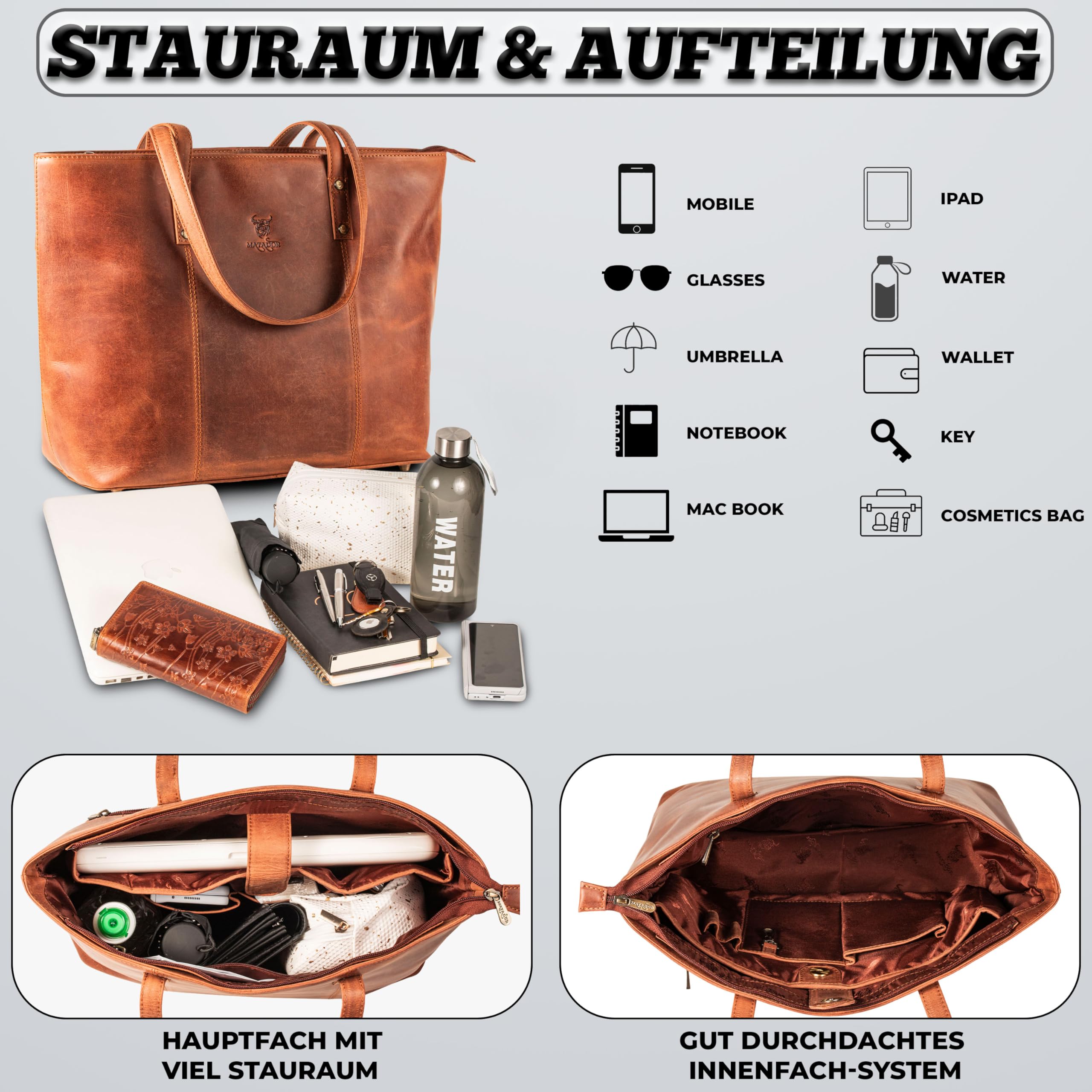 MATADOR #PARIS Grand sac de shopping en cuir pour femme - Élégant sac à bandoulière pour le bureau, sac de travail avec beaucoup d'espace - Sac Hobo - Sac fourre-tout ou sac fourre-tout - Parfait pour