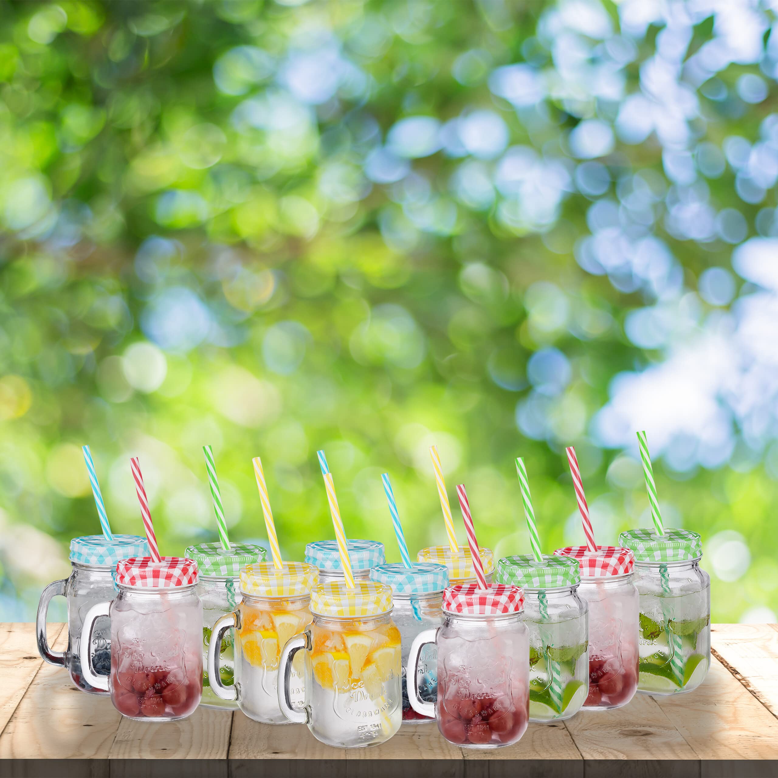 Relaxdays Jarres avec Paille et Couvercle, en Lot de 12, Volume : 500 ML, Design rétro, Verre avec Anse, Multicolore