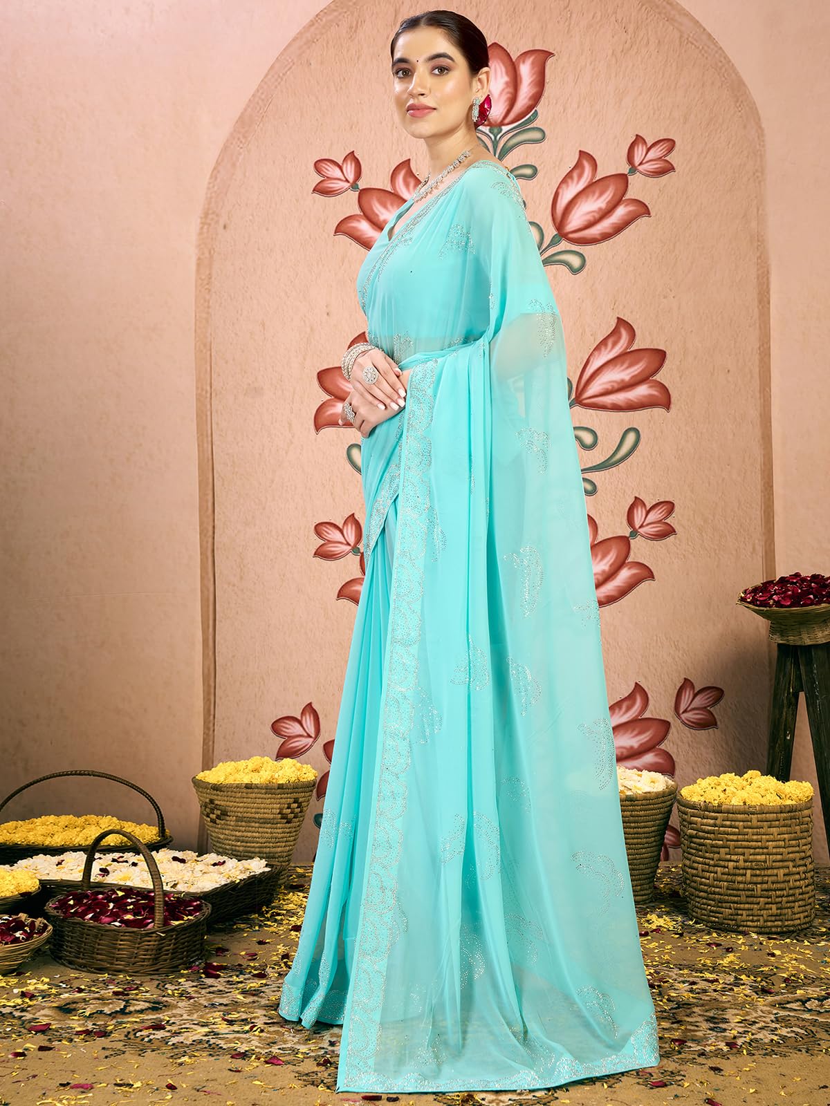 Satrani Women's Georgette Stone Work Saree With Unstitched Blouse Piece (4085S182N_Light Turquoise1)