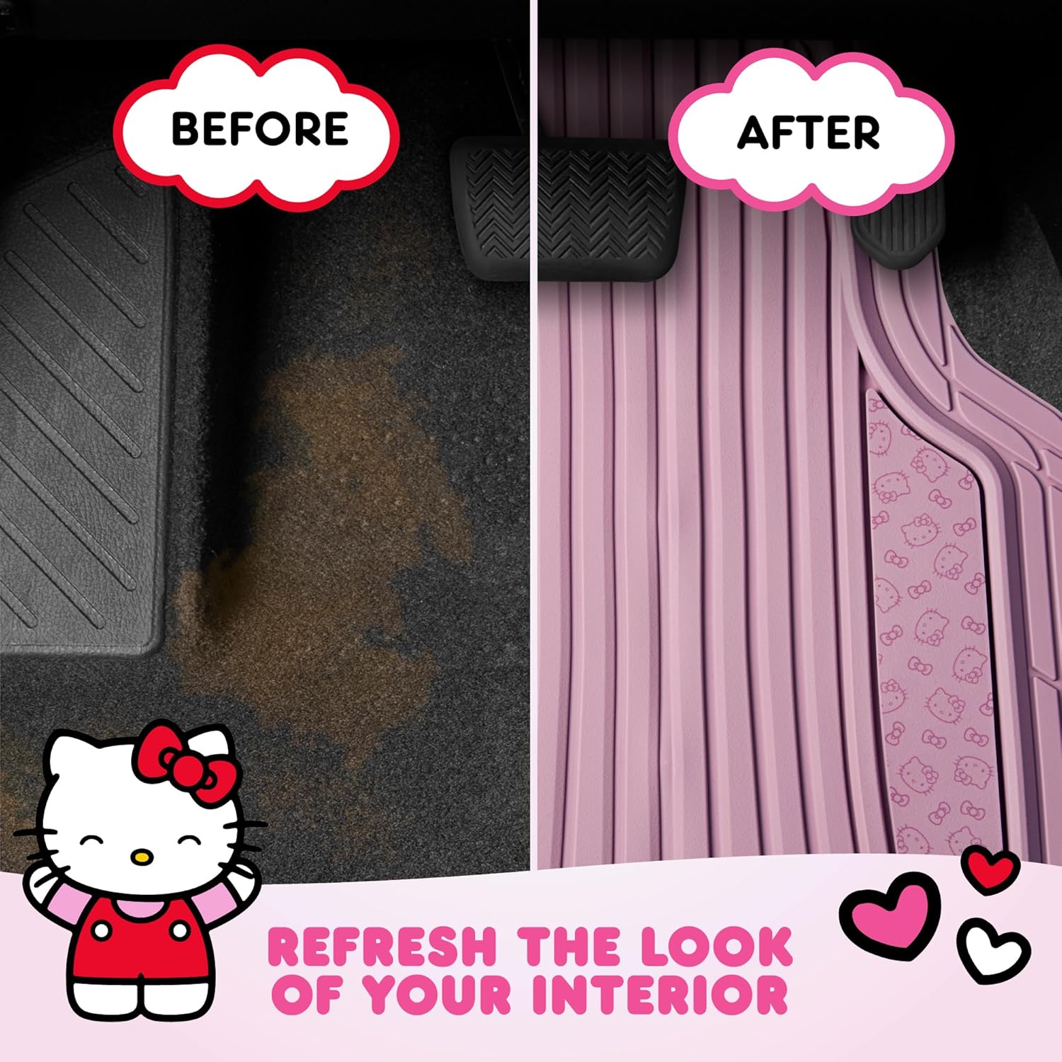 Hello Kitty Car Mats 4pc Floor Mats for Cars Trucks SUVs Pink Car Floor Mats for Women Men Accessories Rubber Heavy Duty Cute Non-Slip Always Front Rear Hello Kitty Cars Accessories Pink