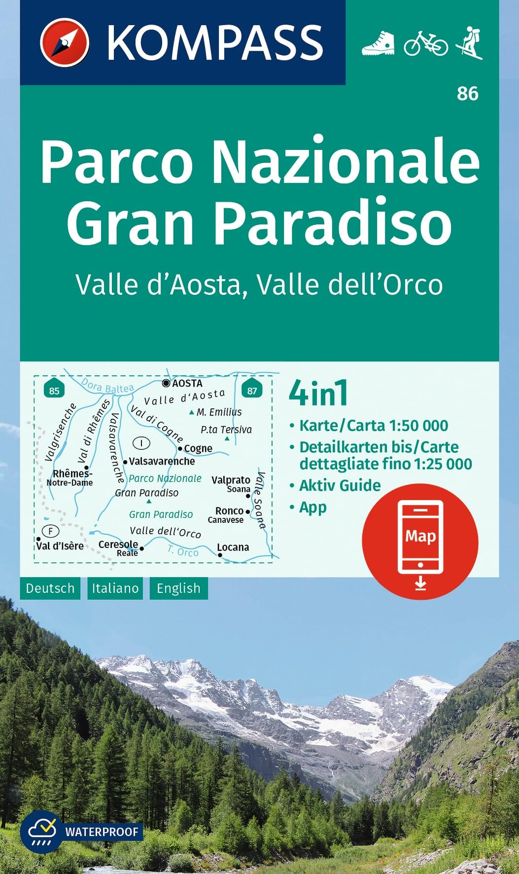 86 GRAN PARADISO-VALLE D'AOSTA PARCO NAZIONALE: 4in1 Wanderkarte mit Aktiv Guide und Detailkarten inklusive Karte zur offline Verwendung in der KOMPASS-App. Fahrradfahren. Skitouren.