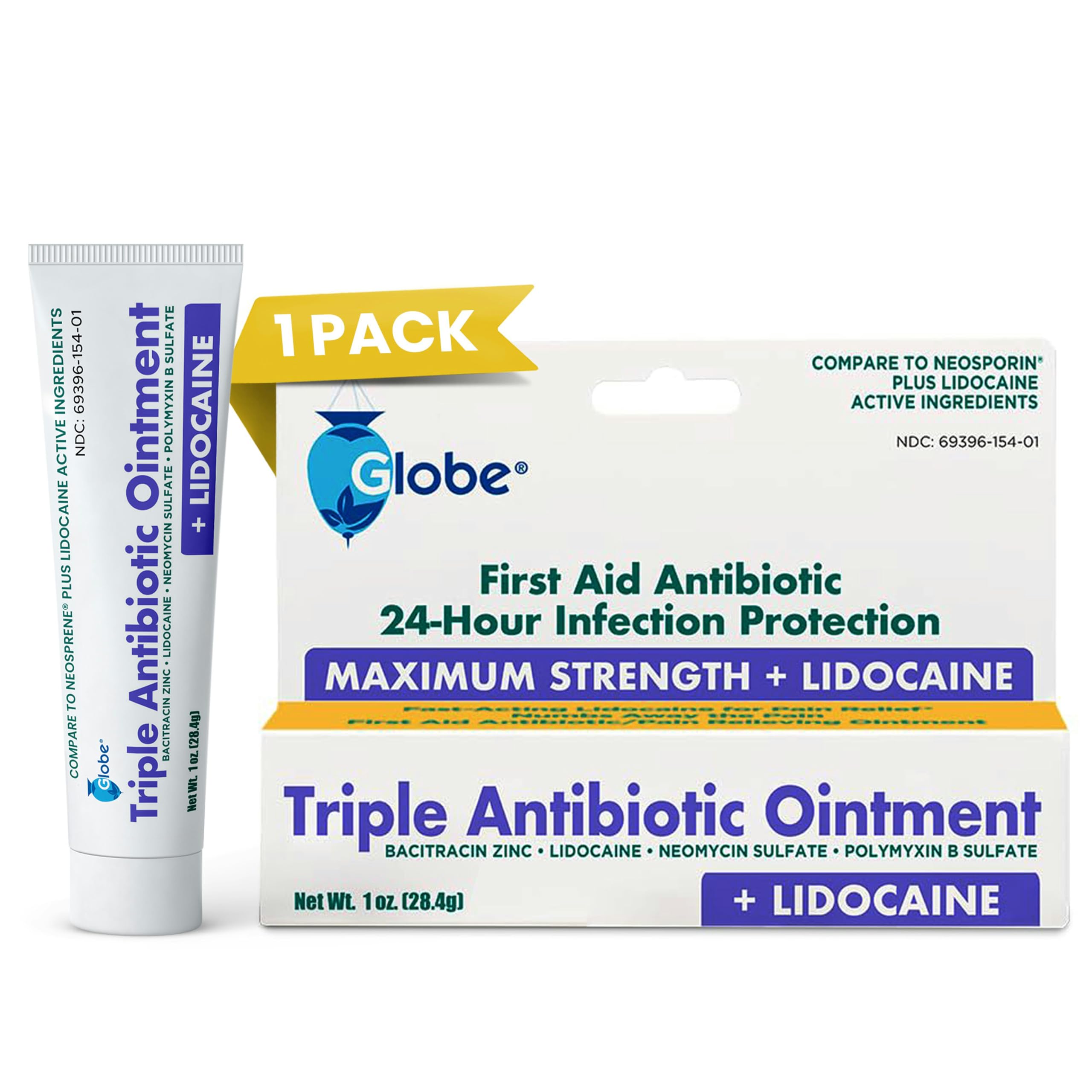 Globe Lidocaine First Aid Antibiotic Ointment 1 Oz - Maximum Strength Pain Relief & Infection Protection - Numbs Skin Fast with Lidocaine - Emergency Use & Infection Protection