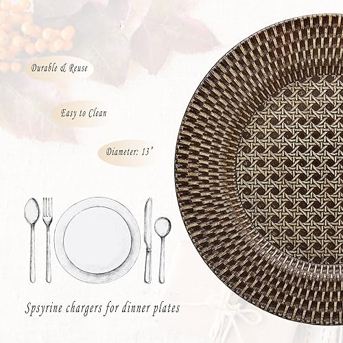 Miniatura 3 de Spsyrine Platos de carga rústicos de plástico de ratán sintético, juego de 6 elegantes cargadores de platos redondos para cenas, decorativos para