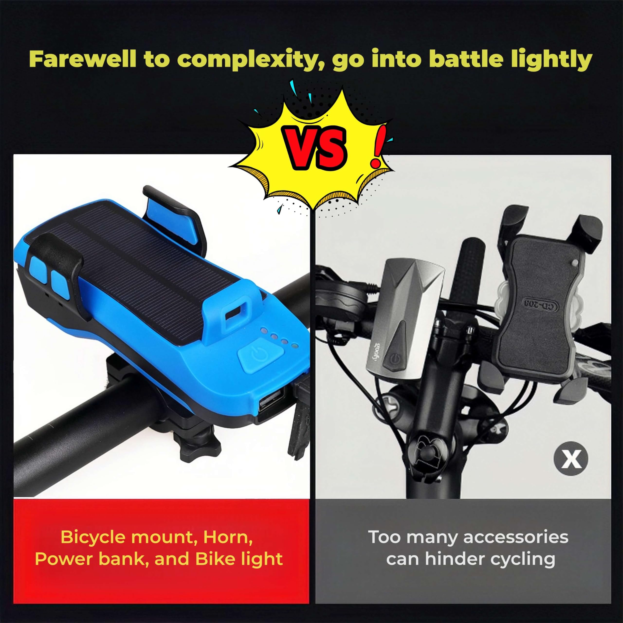 Luces Bicicleta Delantera Y Trasera, Luz Solar para Bicicleta 5 En 1 con Soporte para Teléfono Y Bocina (Blue 4000mAh)