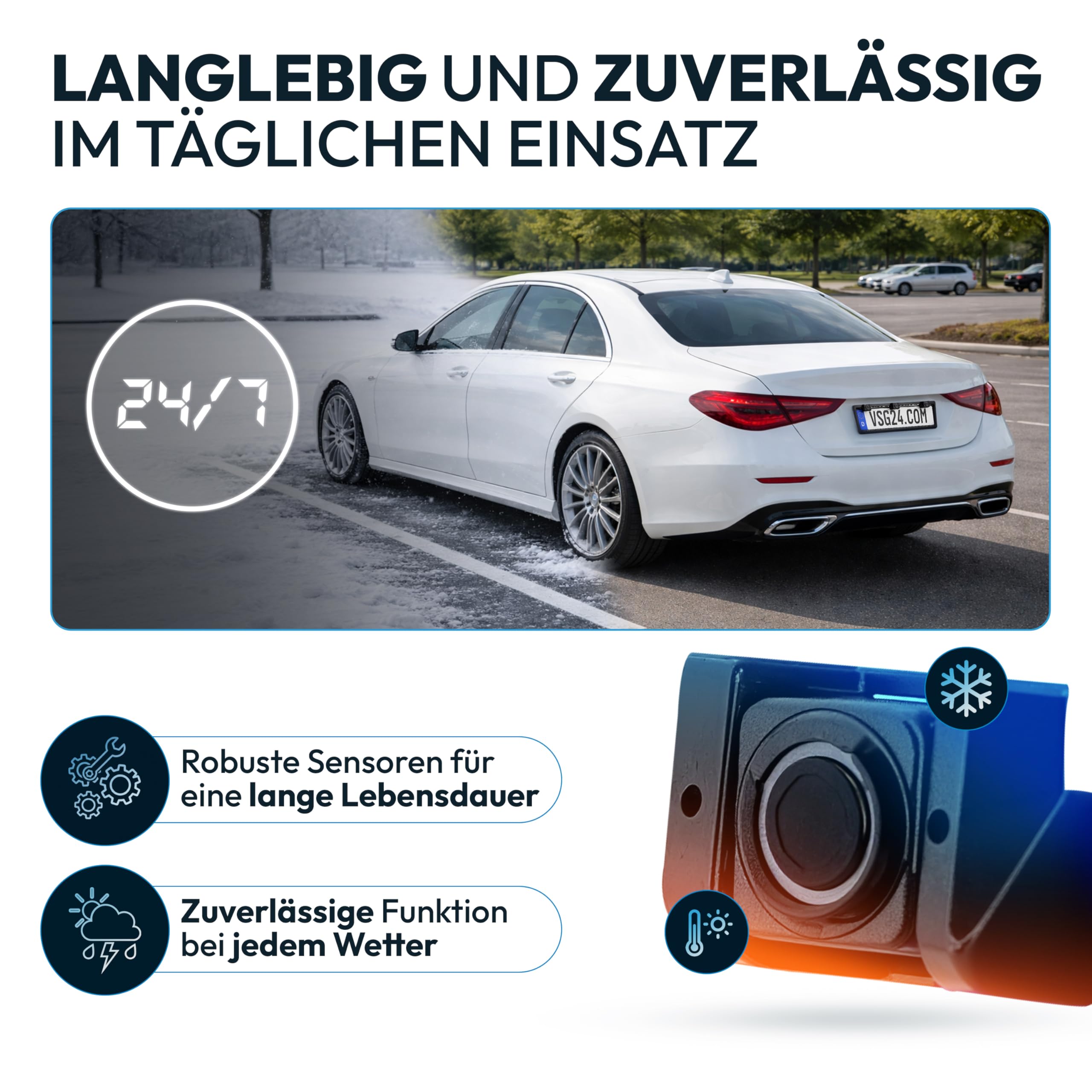 VSG24 Kennzeichen Einparkhilfe mit Display & Lautsprecher – robuste Parkhilfe vorne oder hinten mit 3 Sensoren – LED-Anzeige & akustischer Rückfahrwarner – 30–150 cm – 12V PDC Nachrüstset