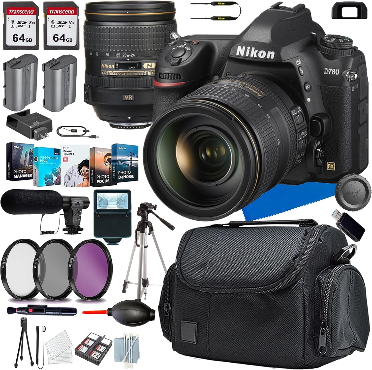 Nikon D780 DSLR Camera with 24-120mm Lens+Shot-Gun Microphone+Photo Software Package+Case+128 GIG Memory+Slave Flash+Tripod(13PC) Bundle (Renewed)