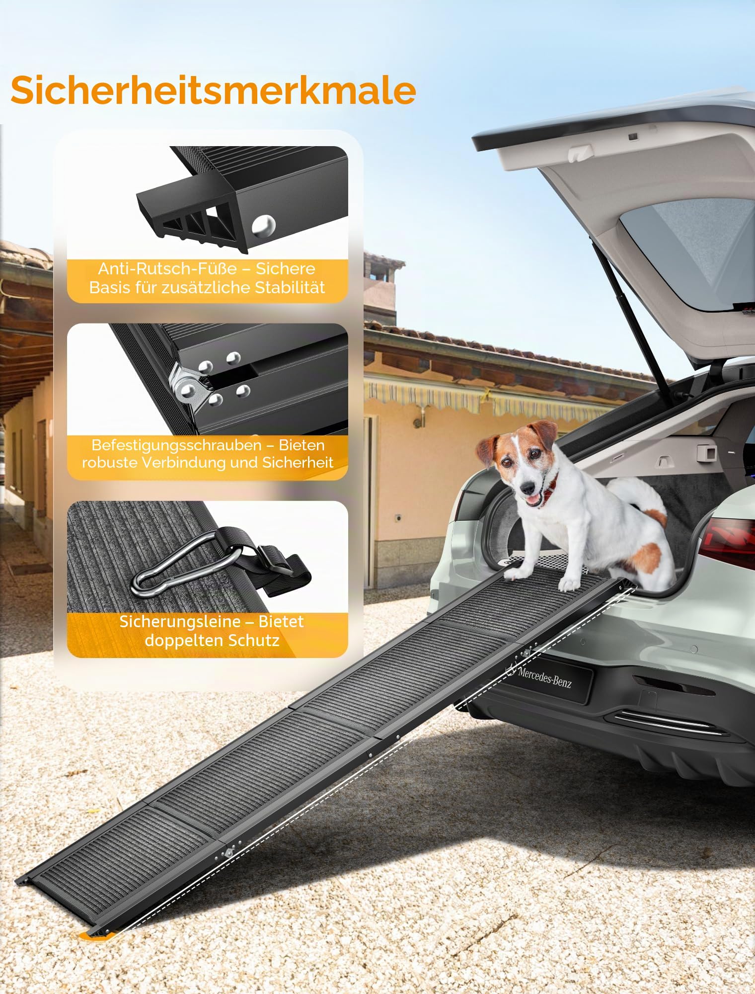 Hunderampe Auto Klappbar, klappbare tragbare Haustiertreppe mit Rutschfester Teppichoberfläche, extra breite Hundestufen für mittelgroße und große Hunde bis zu 113 kg für Autos, SUVs & LKWs,170x44 cm