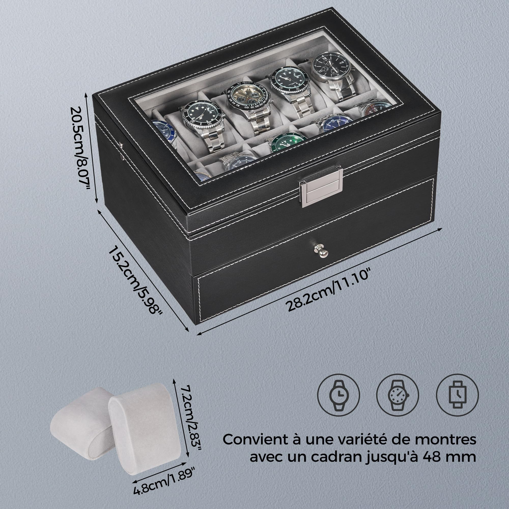 BEWISHOME Boîte de Montre 20 Compartiments, Boite Rangement Montre Homme, Charnière en Métal Noir Cuir PU Verre Haut Grand Support SSH04B