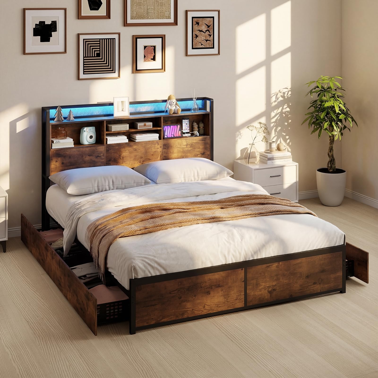 COSTWAY Struttura Letto con Testiera, Letto con 4 Cassetti e Doghe Robuste in Metallo, Letto a Piattaforma con Prese, Silenzioso, Carico Massimo 300kg (160 x 200 cm)