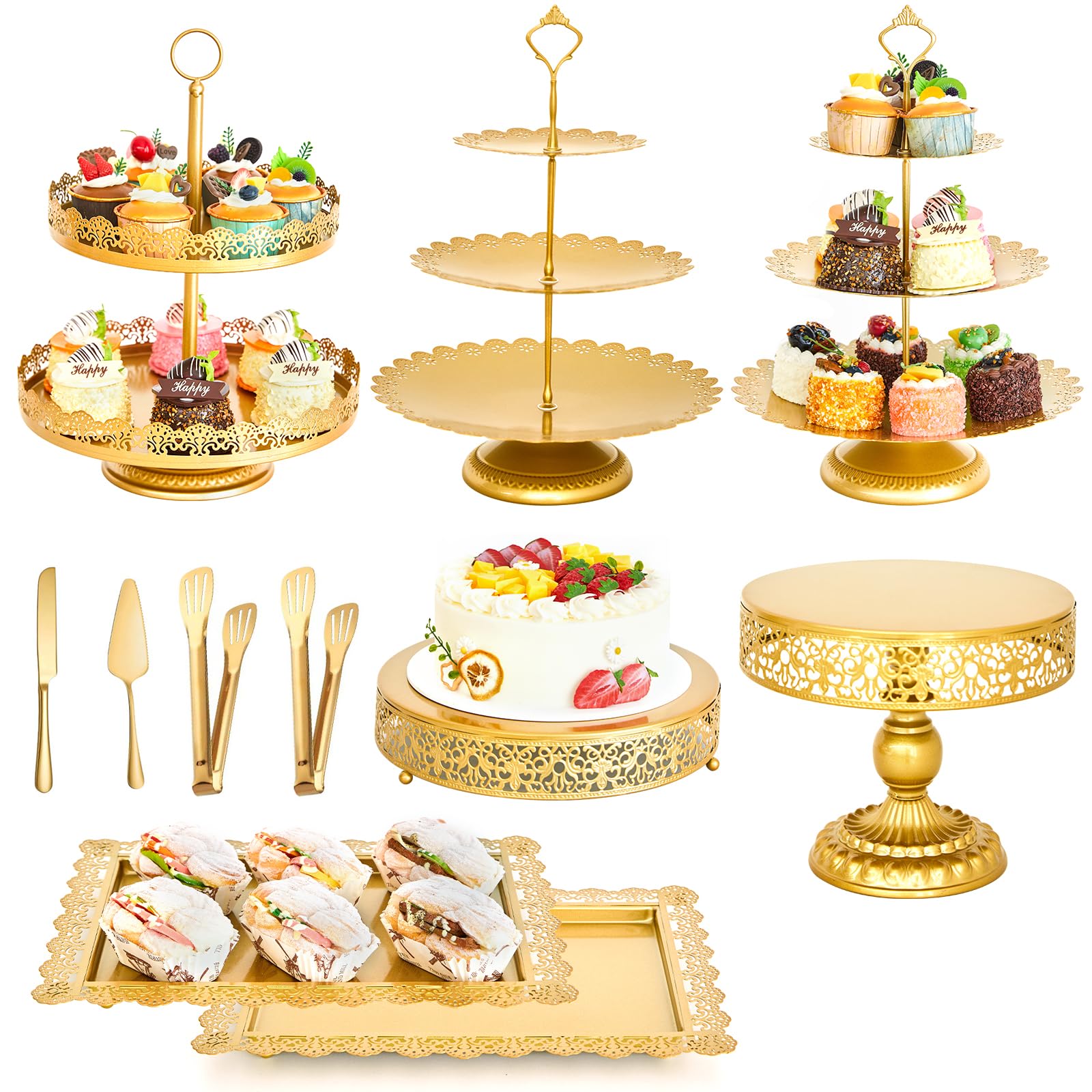 11 pcs gold cake stand set for wedding, dessert table display set for birthday, metal square serving trays for candy, cupcake holder tower with round base for celebration, the platters for party