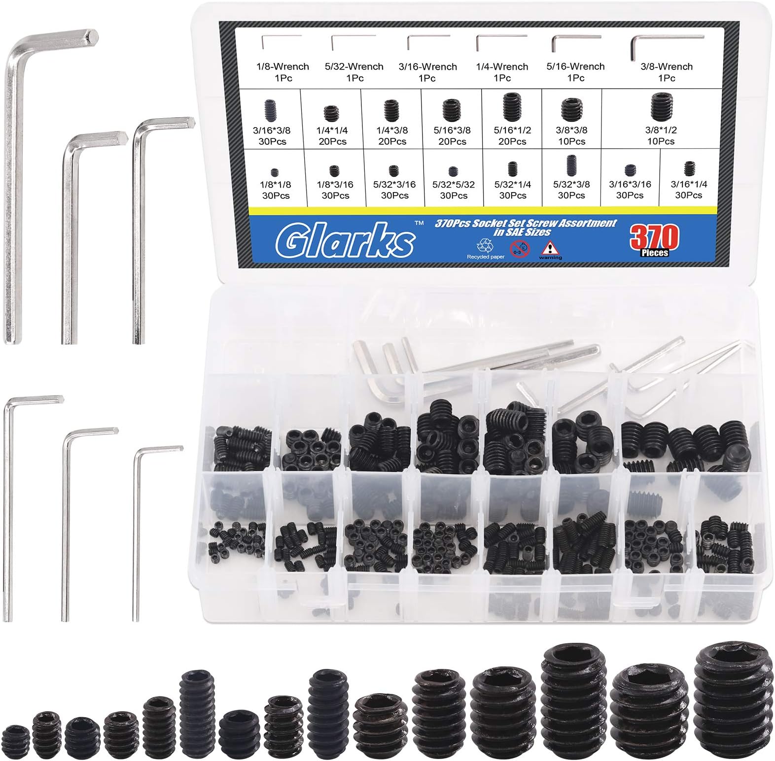 GLARKS G-1149 370Pcs 15 Size 3/8x1/2 inch-1/8x1/8 inch Internal Hex Allen Head Socket Set Screw, 12.9 Class Black Alloy Steel Hex Grub Screws Assortment Kit with 6Pcs Hex Wrenches