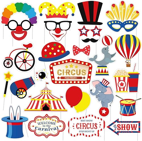 SWYOUN 27 piezas de carnaval circo cabina de fotos accesorios de fiesta de cumpleaños decoraciones suministros de papel fiesta recuerdos de fiesta