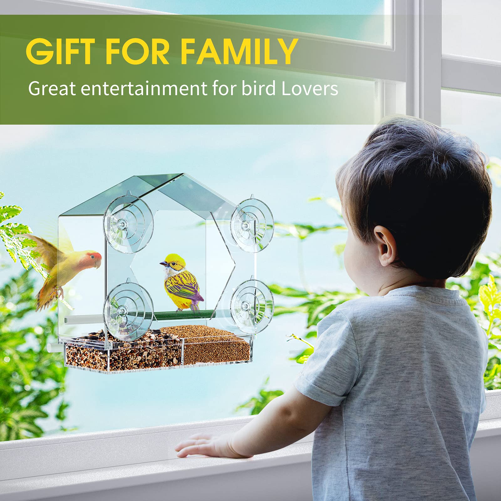 Redboat Window Bird Feeders with Strong Suction Cups, Clear Bird Feeder for Outside, Large Bird House with 2 Compartment Removable Tray, Easy Clean and Fill