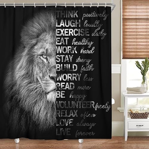 Miniatura 2 de MERCHR Cortina de ducha con citas de león para baño, juego de cortinas de ducha de tela de animales salvajes africanos de león en blanco y negro,