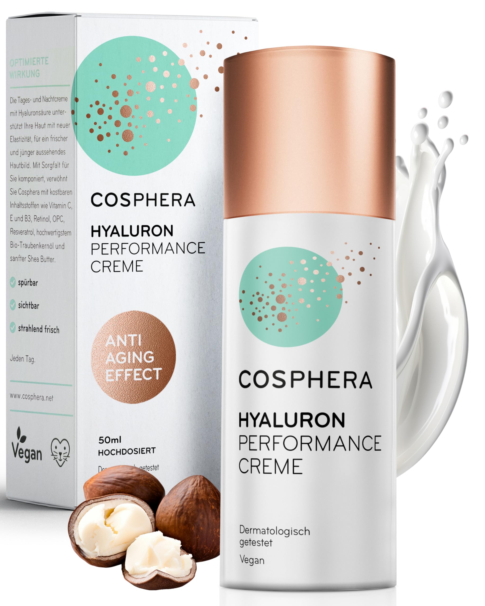 Cosphera - Hyaluron Performance Creme 50 ml - vegane Tages- und Nachtcreme hochdosiert für Gesicht, Hals, Dekolleté, Augen - Anti-Falten Feuchtigkeitsbehandlung für Frauen und Männer