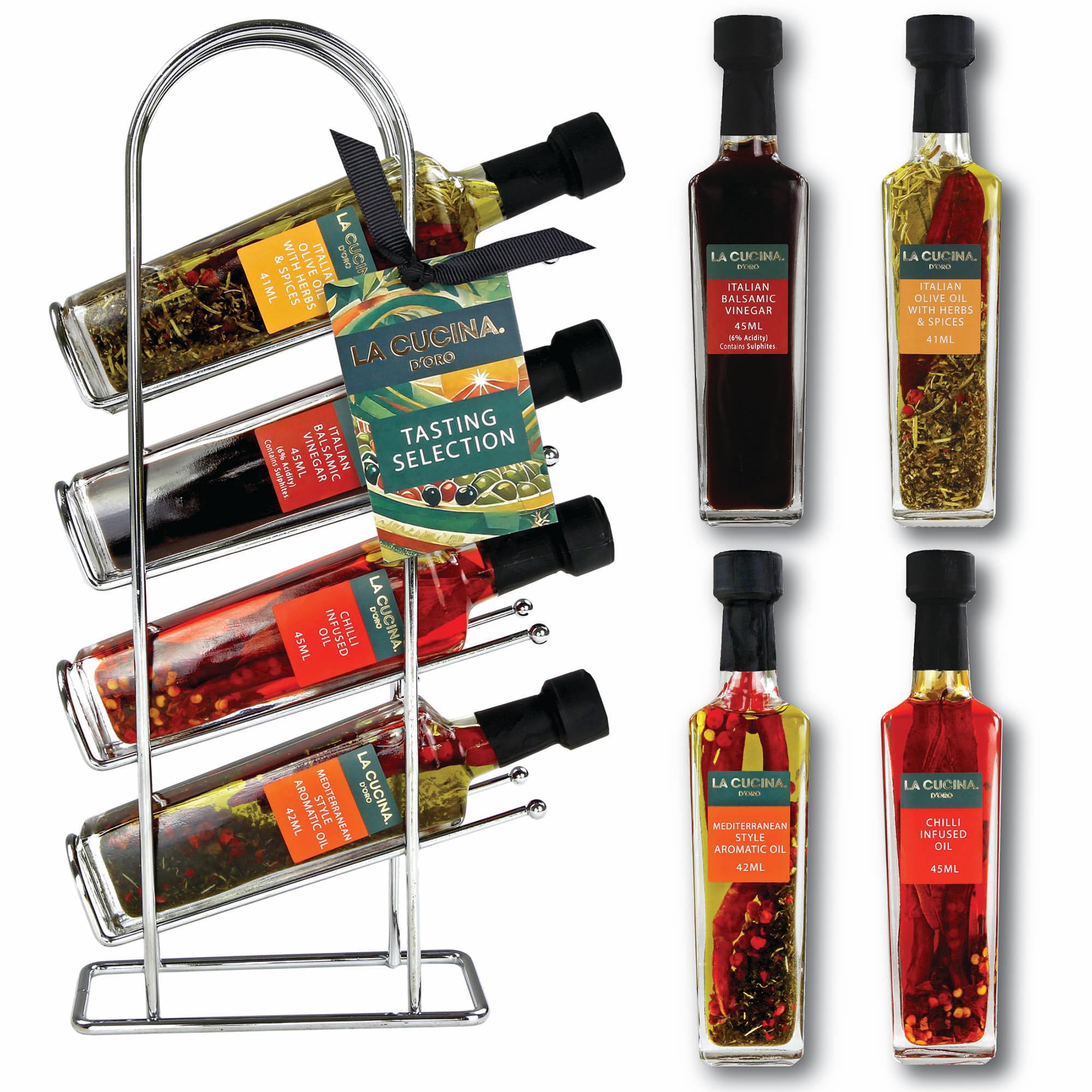 Kimm & Miller Italian Olive Oil & Vinegar Gift Set – Cooking Gifts for Men & Women – Includes Mini Olive Oil, Balsamic and Chilli & Aroma Infused Dipping Oils with Metal Rack - (4 x 45ml)