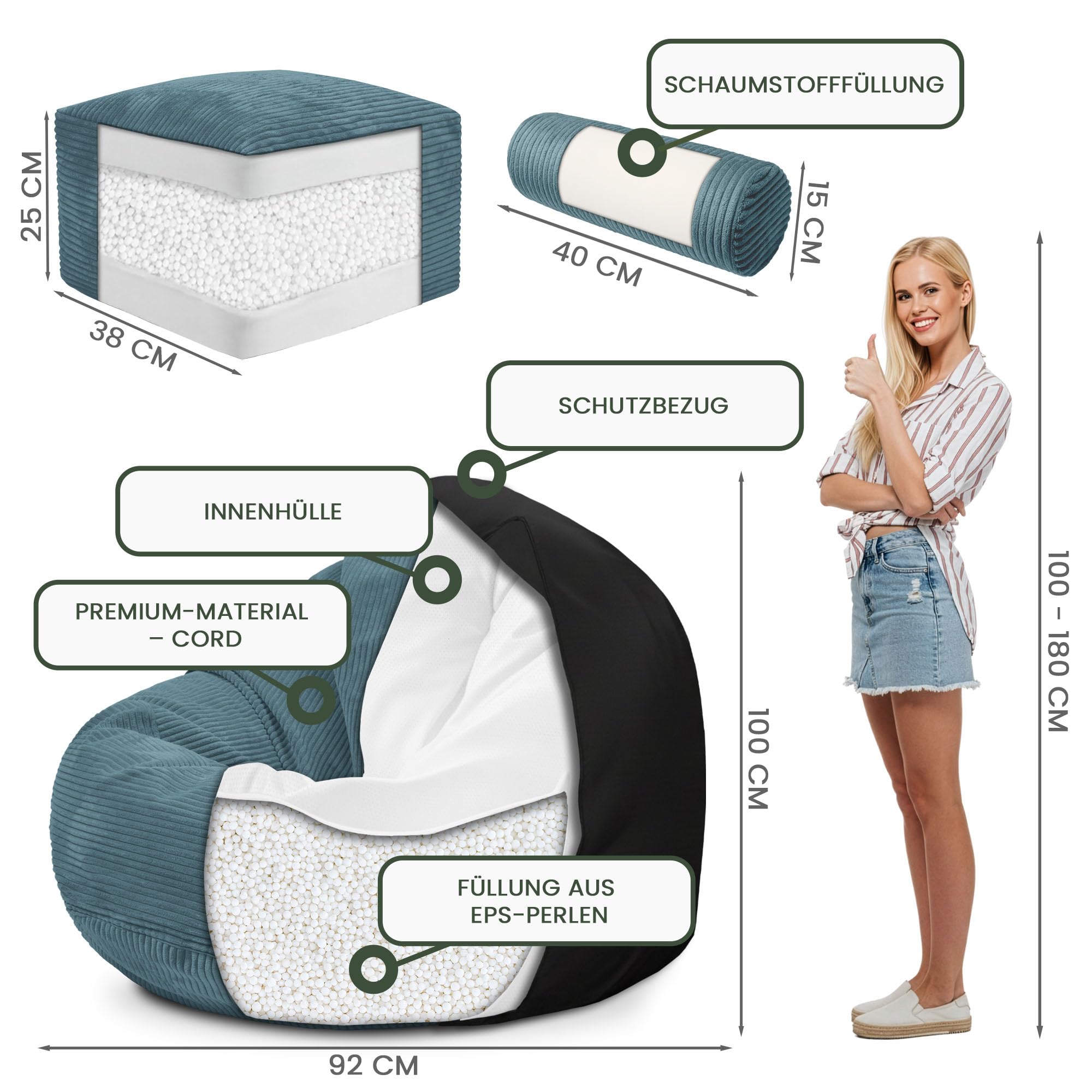 DreamRoots Sitzsack Erwachsene Cord oder Kinder - Bean Bag Sofa - Sitzsack Cord mit Hocker und Bezug - Sitzsäcke mit Füllung 90x90x100 cm Ocean Depths