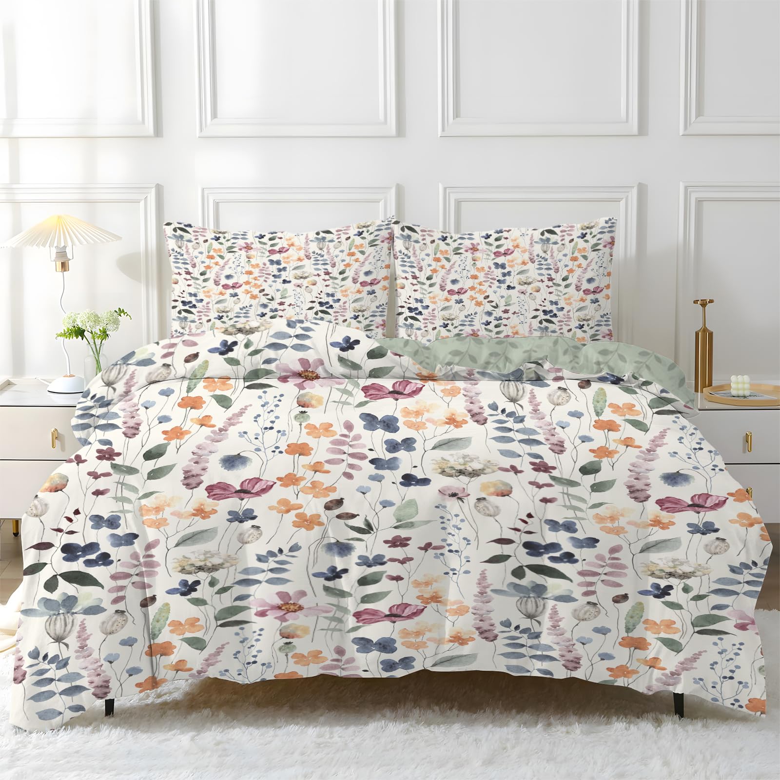 Housse de couette 140x200 beige fleuri pour lit 1 personne avec taies