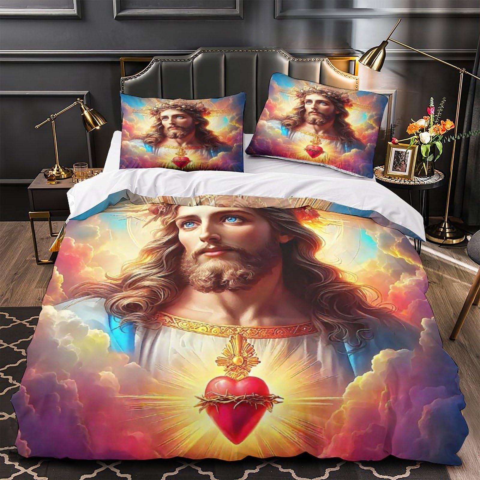 Housse de couette Jésus imprimée en 3D haute densité en microfibre douce avec zippe caché