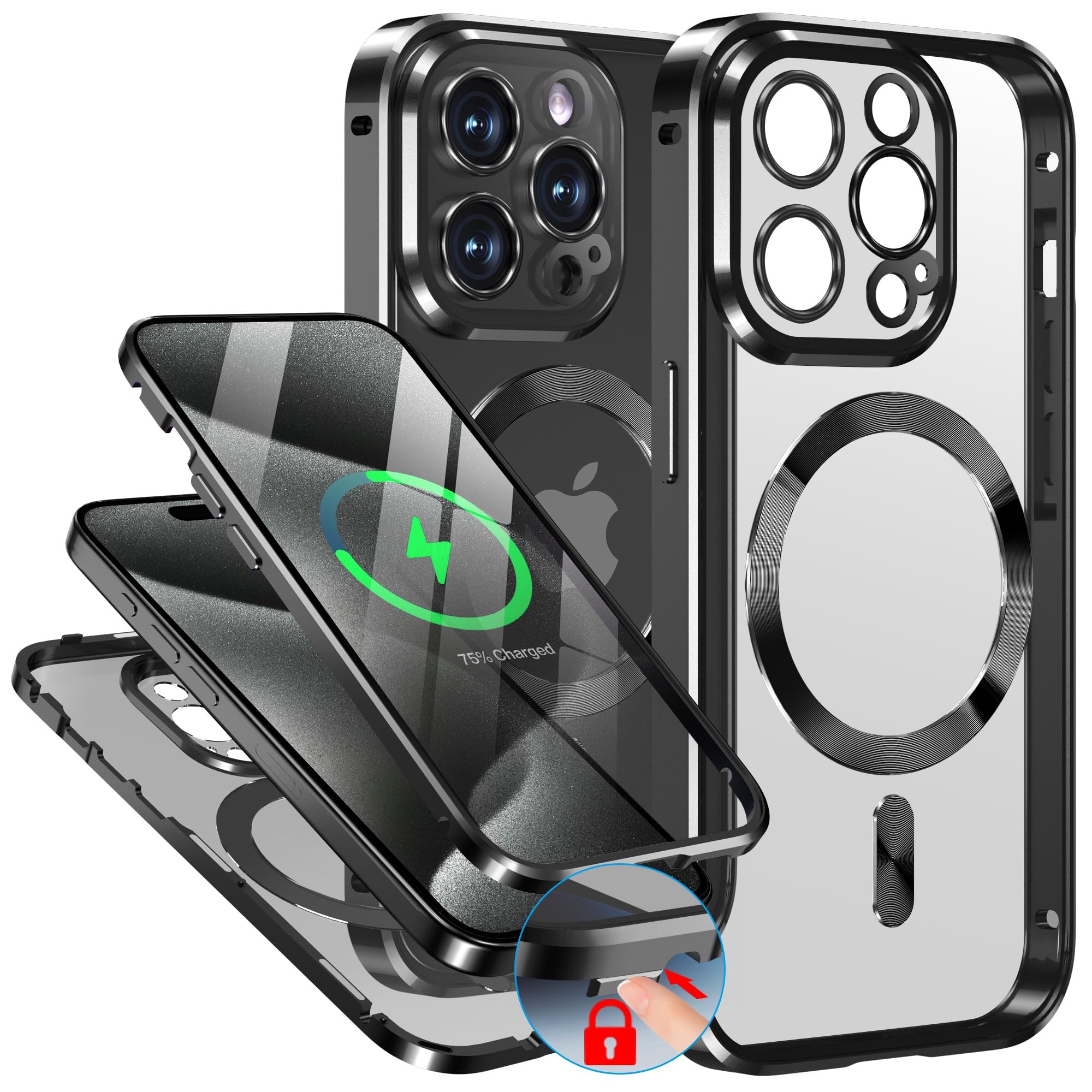 WMT iPhone 15 Pro Maxケース「magsafe ケース+両面ケース+360°保護 」金属ボタンロック、軽量合金バンパー アイフォン耐衝撃ケース iphone 15 pro max ケース magsafe「ストラップホール付き+一体型レンズ保護カバー」9H強化ガラス、高感度タッチ、簡単装着、傷付き防止 、ワイヤレス充電対応 6.7インチスマートフォンケース（本体の色ブラック）