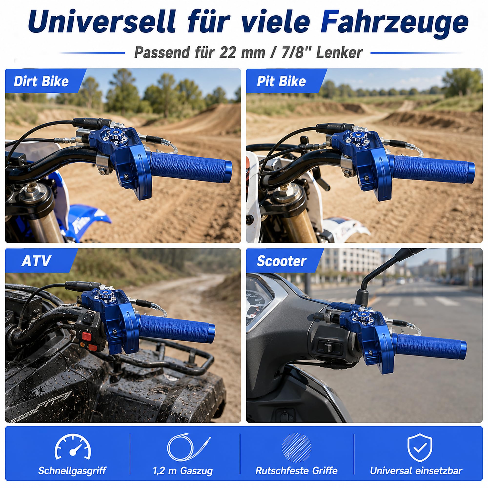 Motorrad Griffe Schnellgasgriff Set, Gasgriff 22mm CNC Aluminium + 1,2M Gasbowdenzug, Quick Twister Kurzhubgasgriff für CRF50 70 110 IRBIS 125 250 Blau