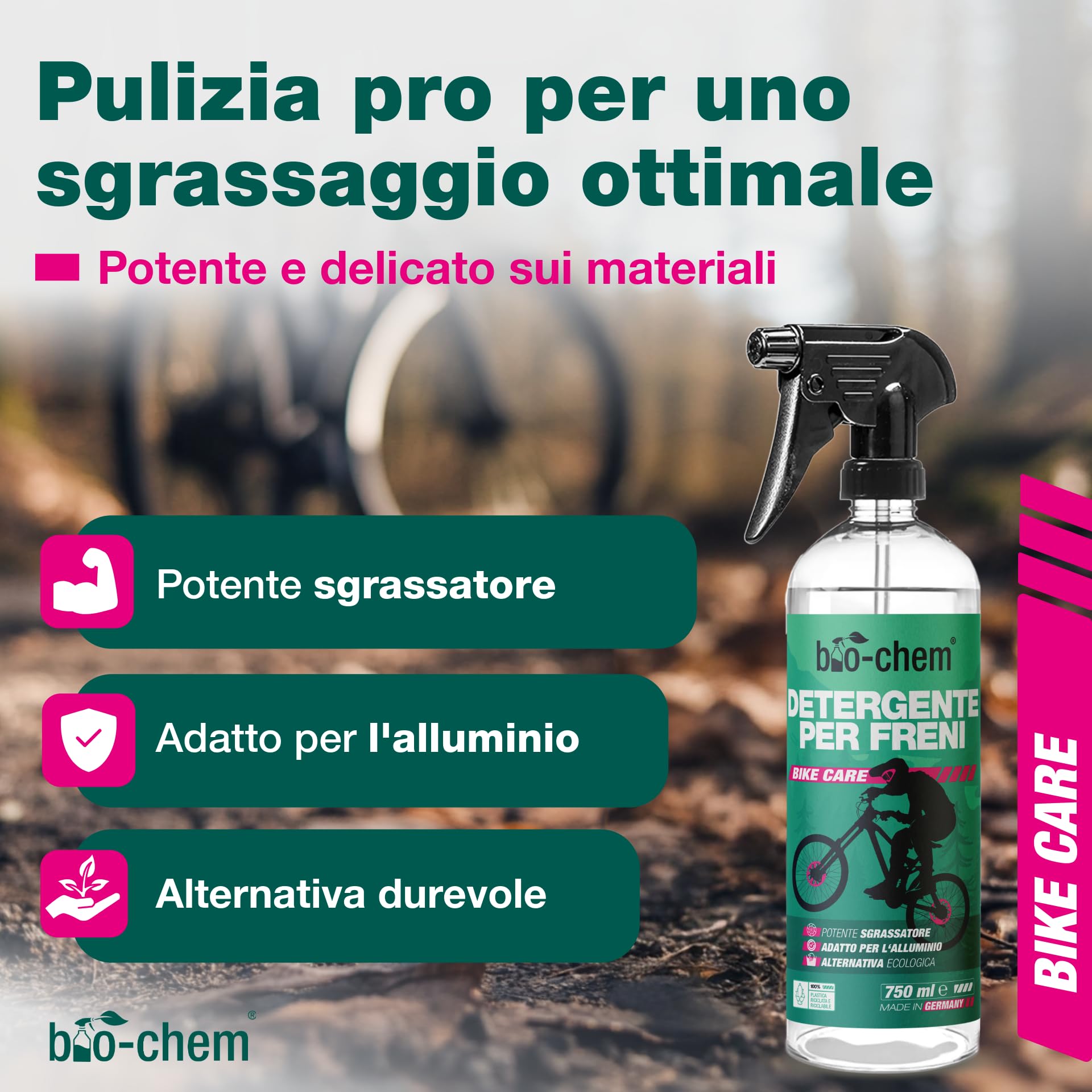 bio-chem - Detergente per freni 3 x 750ml + panno in microfibra - Manutenzione di biciclette, MTB, e-bike, moto, auto - Detergente e sgrassante per impianti frenanti bici da strada, elettriche