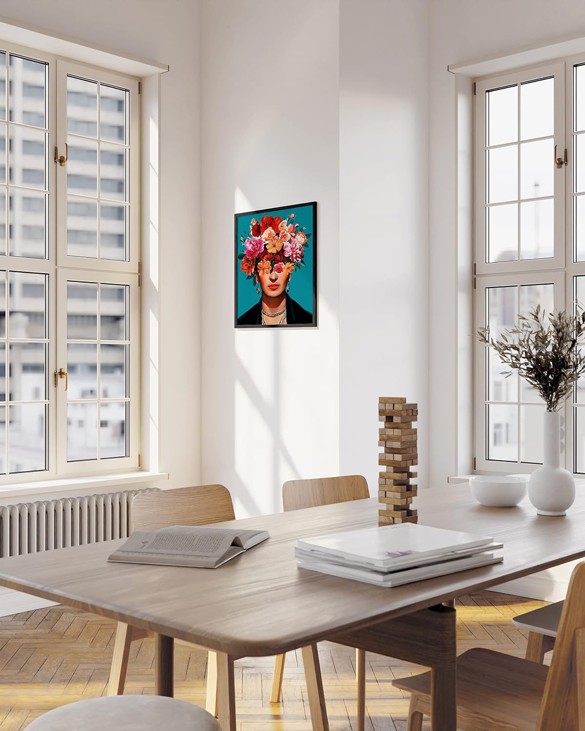 HAUS AND HUES Frida Kahlo, Mexican Art - Diego Rivera Frameable Prints, Female Empowerment Gifts, Flowers Wall Art (Black Frame, 12x16)