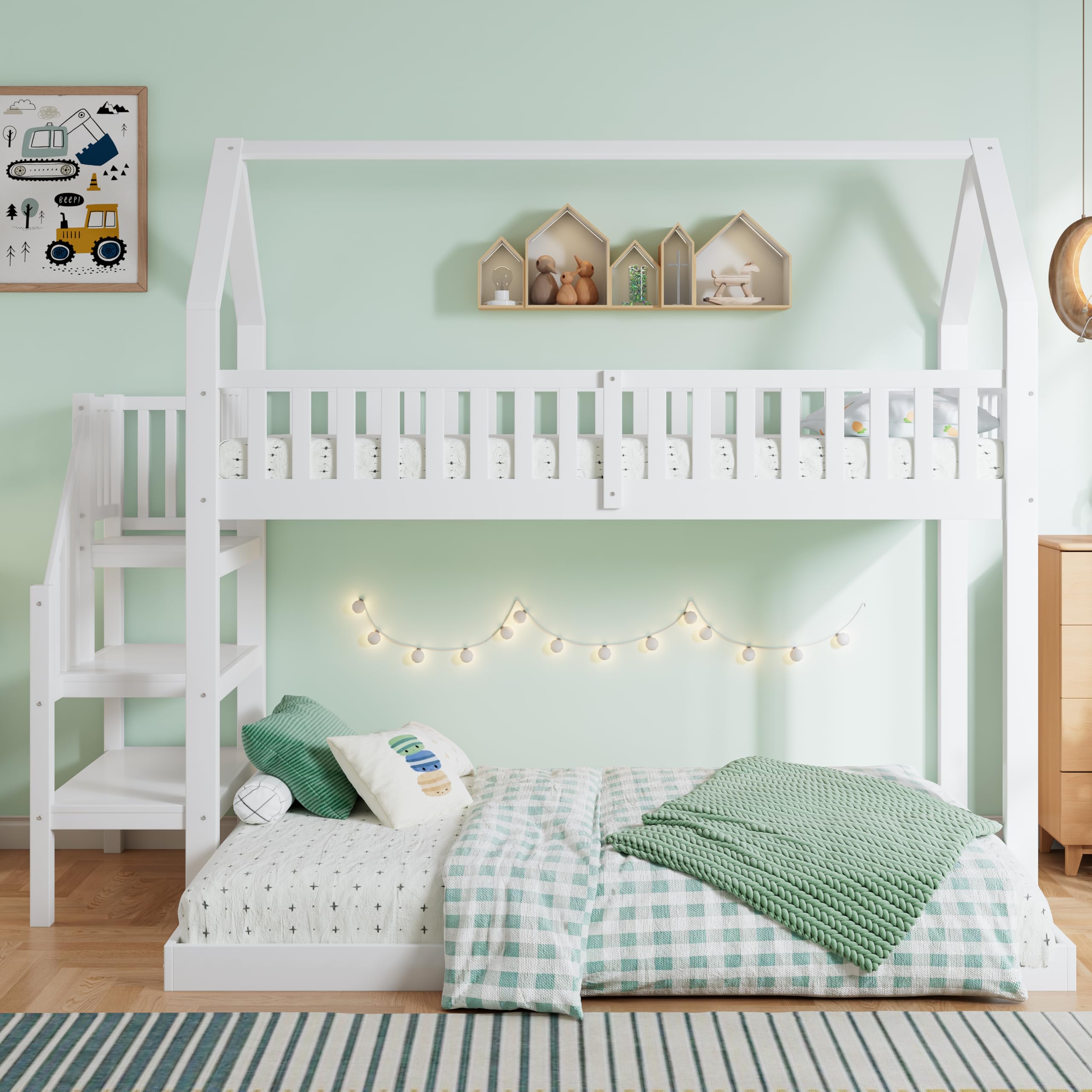 Stapelbed, 90 x 200 cm, houten bed met trap en omheiningen, met bedgordijn, glijbaan en plank, kinderbed met valbescherming en rooster, frame van grenen, wit