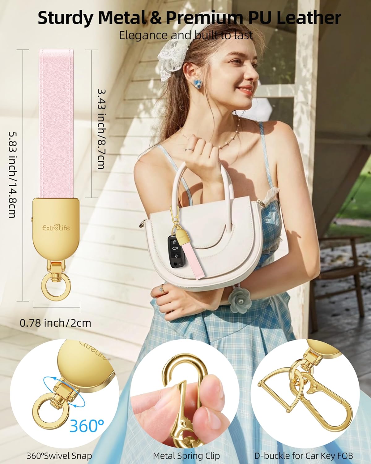 Keychain, Works with Apple Find My, Leather Car Keychain for Women and Men, Car Key Fob Holder, Key Chain with GPS Tracker, Anti-Lost Smart Keys Finder, Rechargeable, Pink