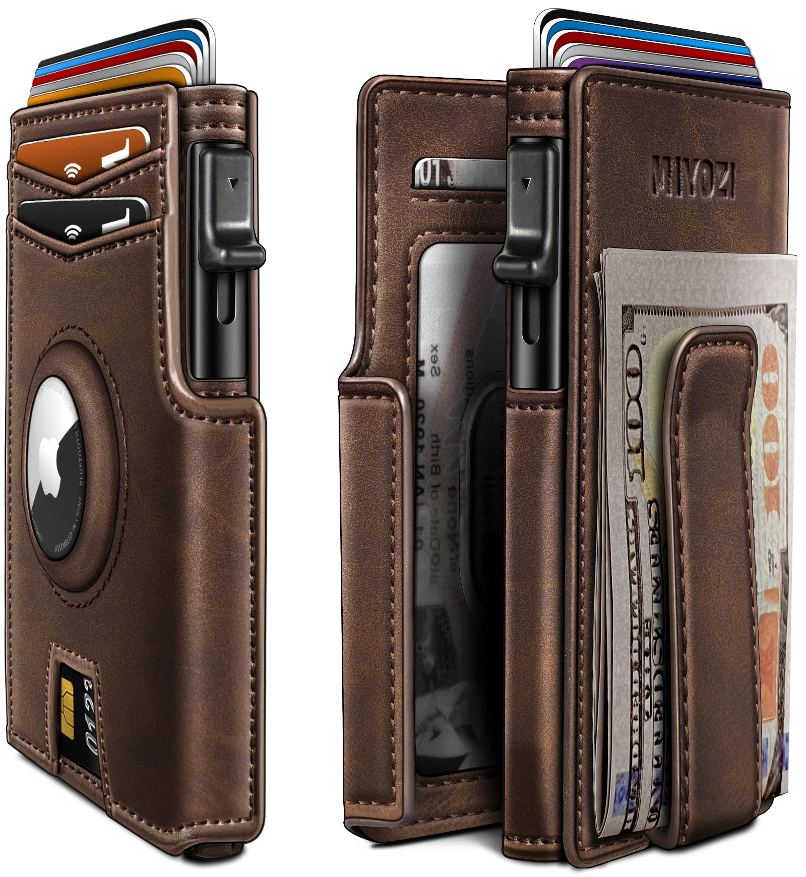 miyozi Airtag - Portafoglio da uomo, con fermasoldi, 10 carte, custodia in metallo, sottile, pop up, porta carte di credito, chiusura magnetica, blocco RFID, con scatola regalo, Coffee029, taglia