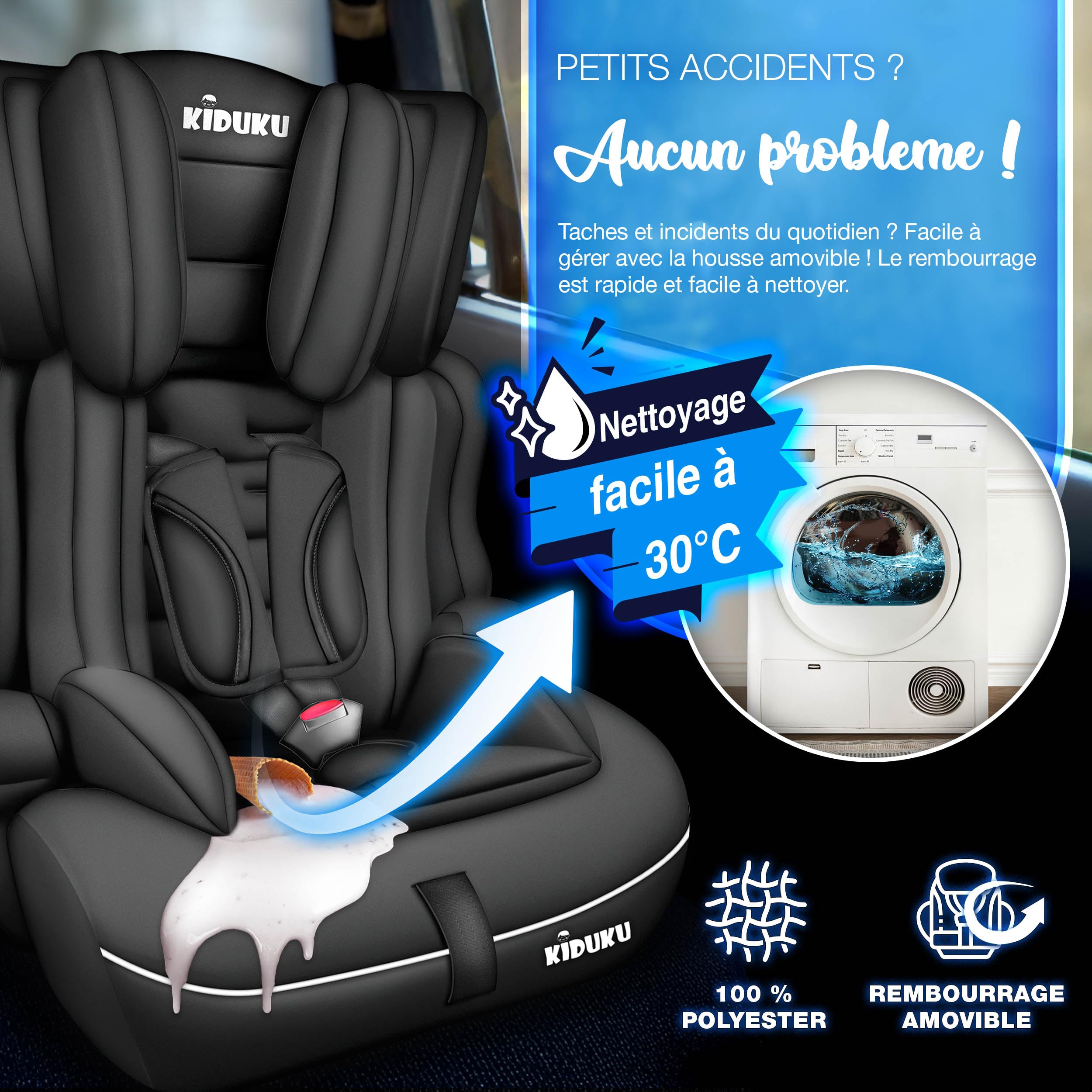 KIDUKU® Siège auto pour enfants avec Protection, évoluant avec la croissance, Norme ECE R129/03, de 9 kg à 36 kg (de 1 à 12 ans), Groupe 1 + 2 + 3 (Noir)